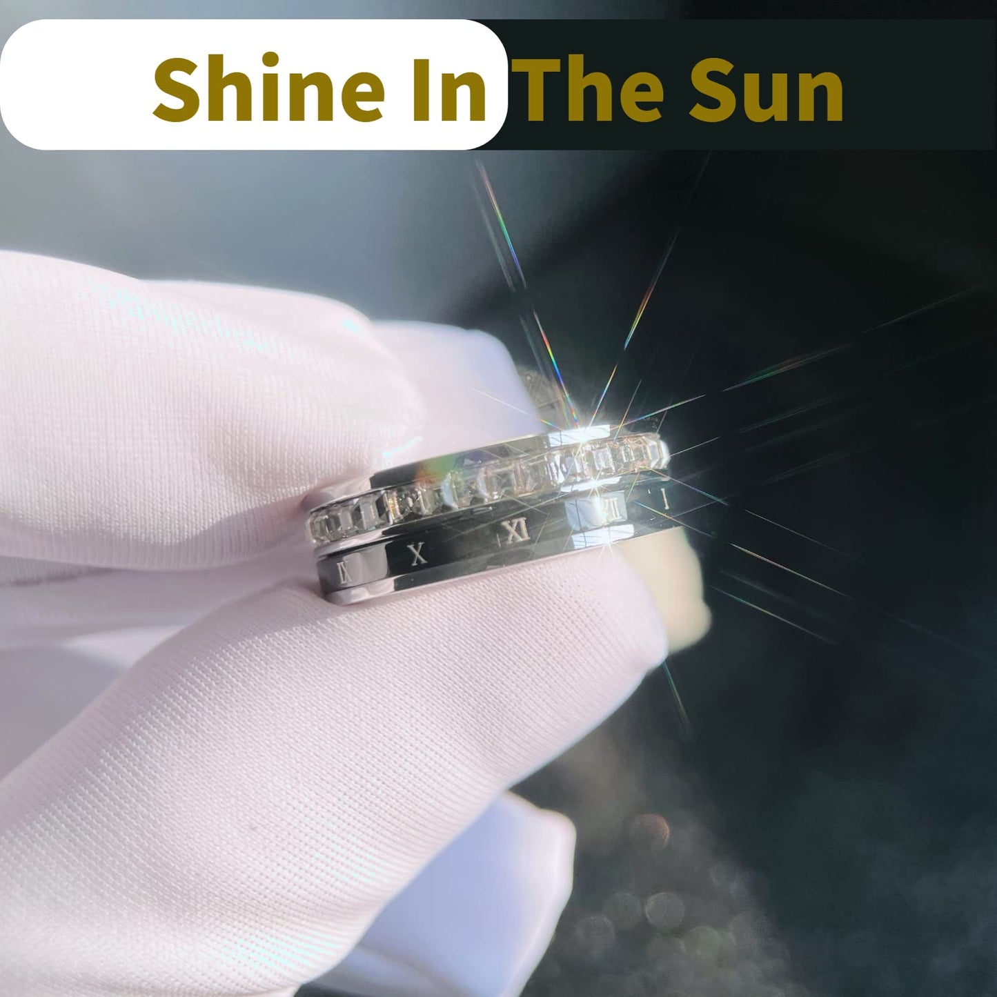 18K Gold Plated Roman Numeral Cubic Zirconia Ring for Women, Square CZ Gold Rings for Men, Spinner Silver Mens Rings Stainless Steel Size 5-13