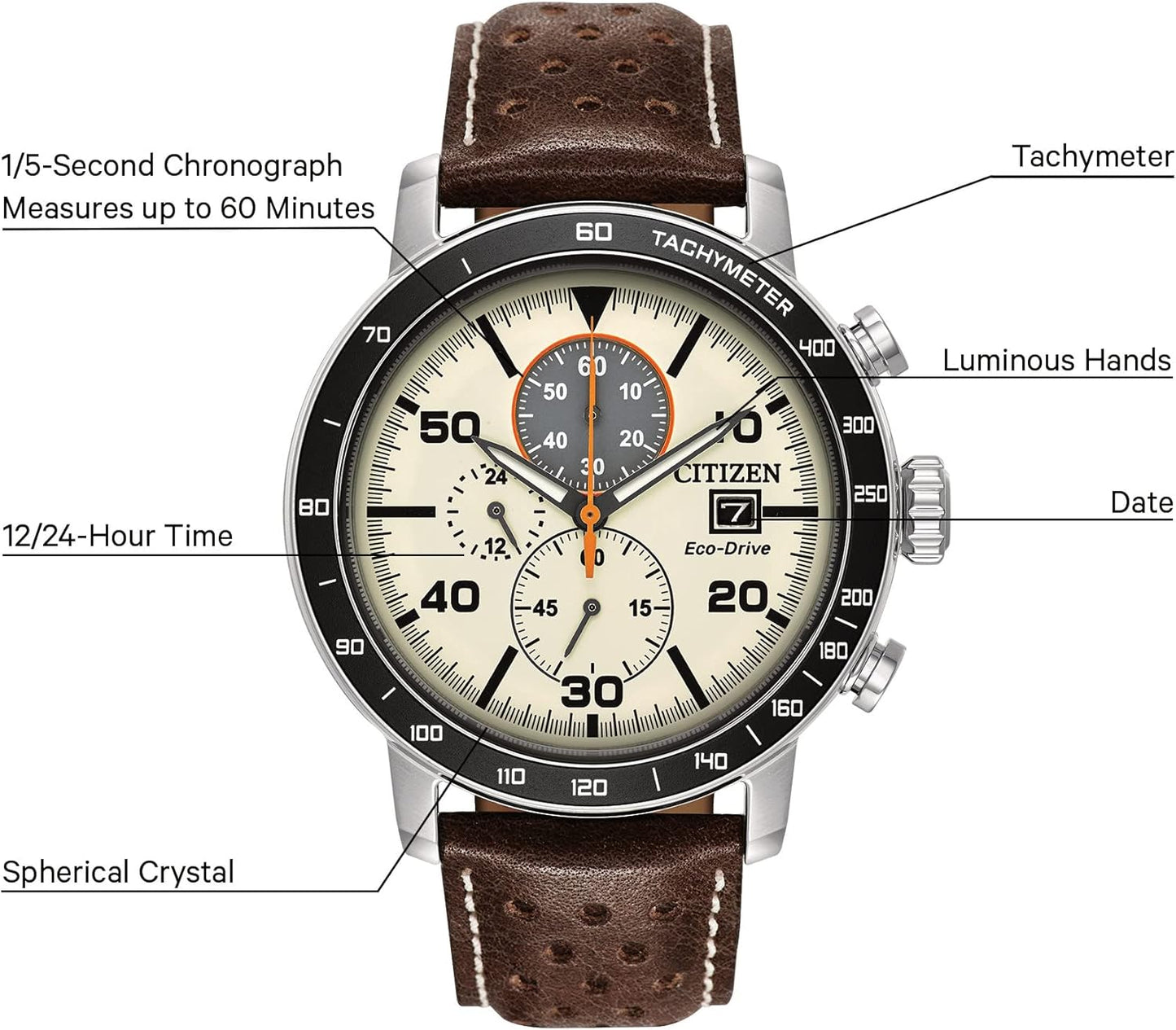 Citizen Men's Eco-Drive Weekender Brycen Chronograph Watch in Stainless Steel, Brown Leather strap, Ivory Dial (Model: CA0649-06X)