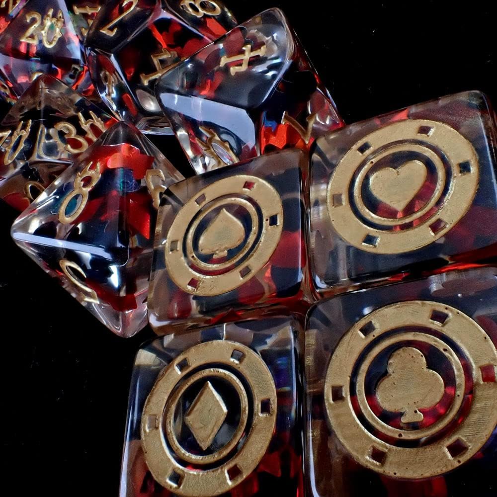 Poker 11 Dice Set with Real Poker Chip | Vegas Themed Gambler Polyhedral Dice Set | DND MTG Board Game Dice