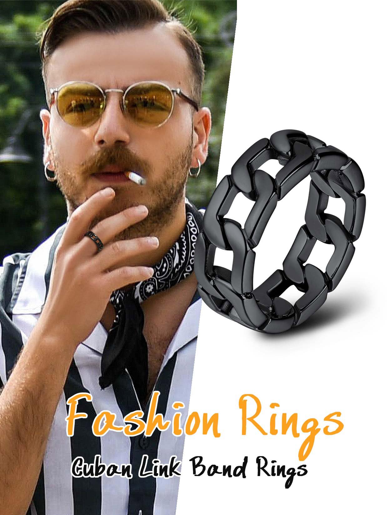 U7 Mens Women Stainless Steel 7mm Wide Band Ring, Hip Hop Thumb Rings Fashion Cuban Link Chain Rings, Size #6-#14 -Color Silver,Black,Gold