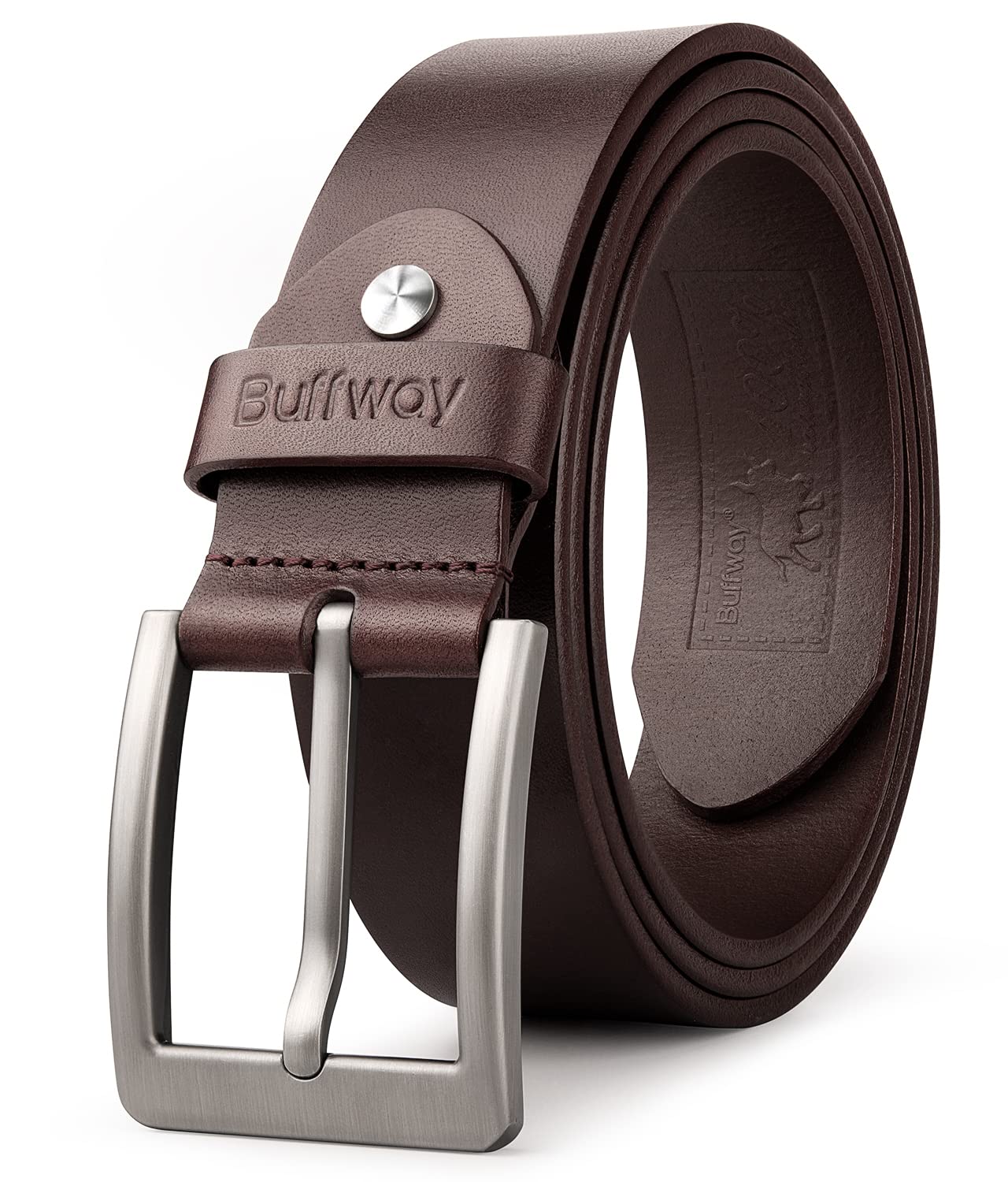 Buffway Minimalist 1.5" Full Grain Leather Belts for Men with Metal Buckle, Heavy Duty Mens Casual Belts in Gift Box
