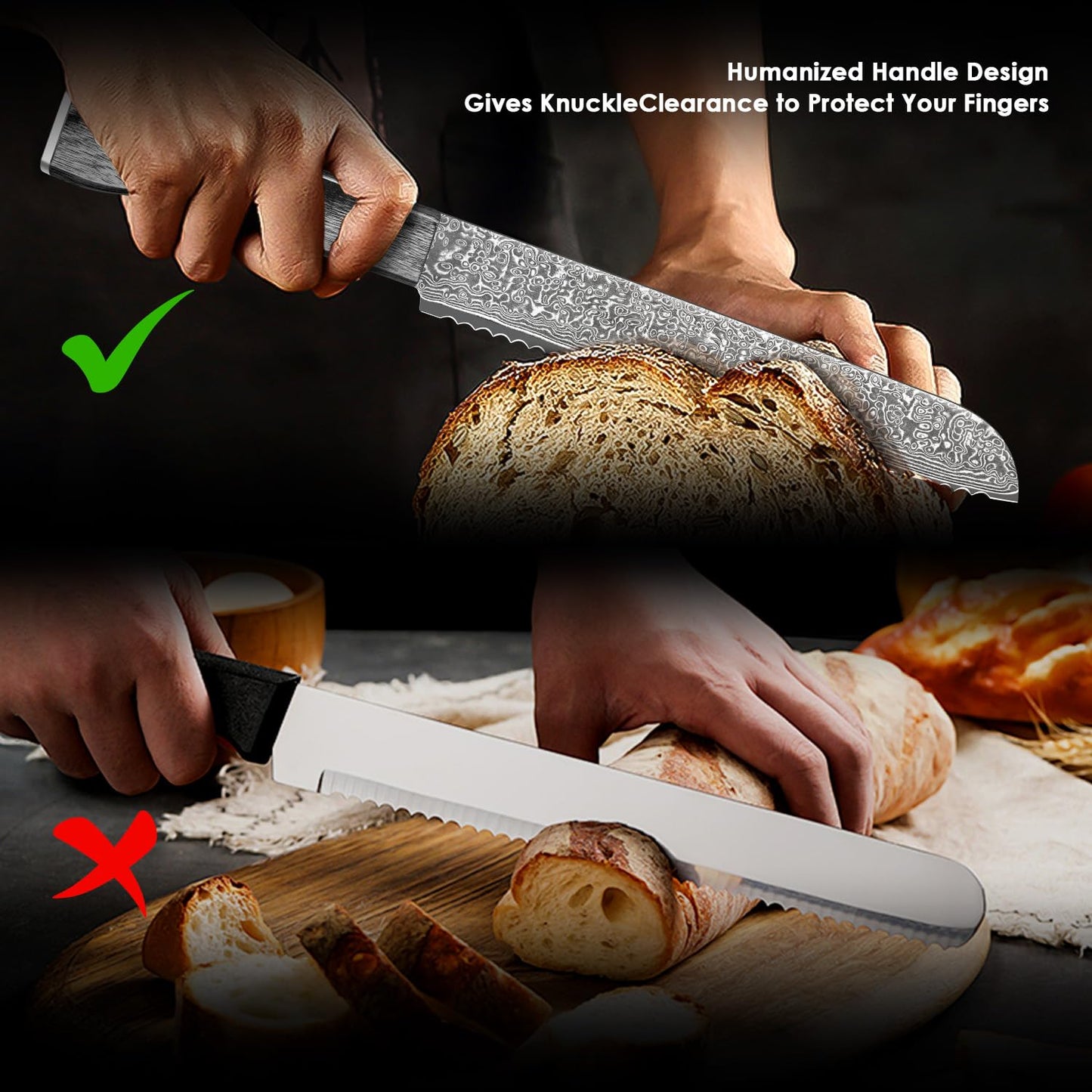 Bread Knife, 10inch Multifunction Serrated Knife, VG10 Damascus Steel Bread Cutting Knife for Homemade Bread, Razor Sharp Edge for Efficient Slicing Sourdough Bread, Bagels, Cake