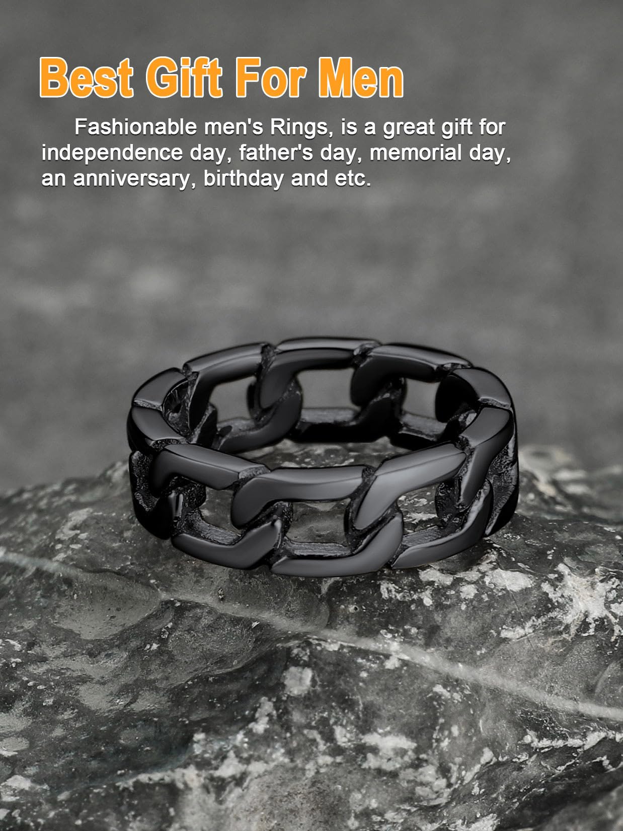 U7 Mens Women Stainless Steel 7mm Wide Band Ring, Hip Hop Thumb Rings Fashion Cuban Link Chain Rings, Size #6-#14 -Color Silver,Black,Gold