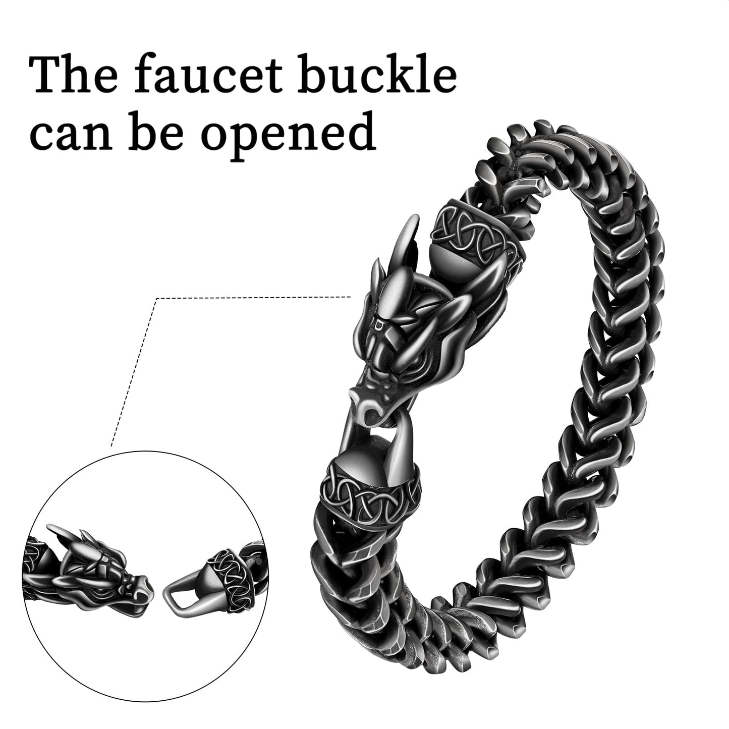 Stainless Steel Bracelets for Men, Viking Dragon Cuban Link Mens Bracelet, Punk Norse Jewelry Christmas Gifts for Him Husband Brother Son