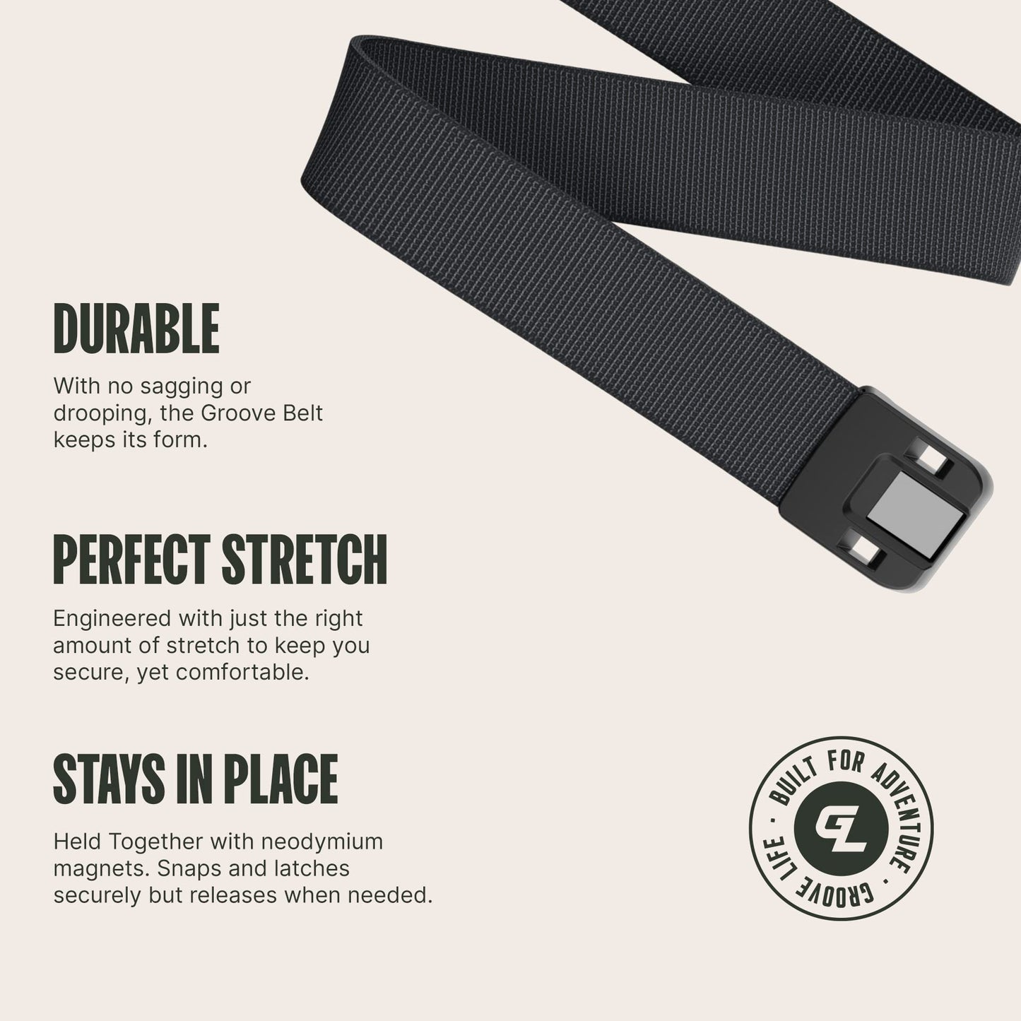 Groove Life Groove Belt Low Profile - Men's Stretch Nylon Belt with Magnetic Aluminum Buckle, Lifetime Coverage