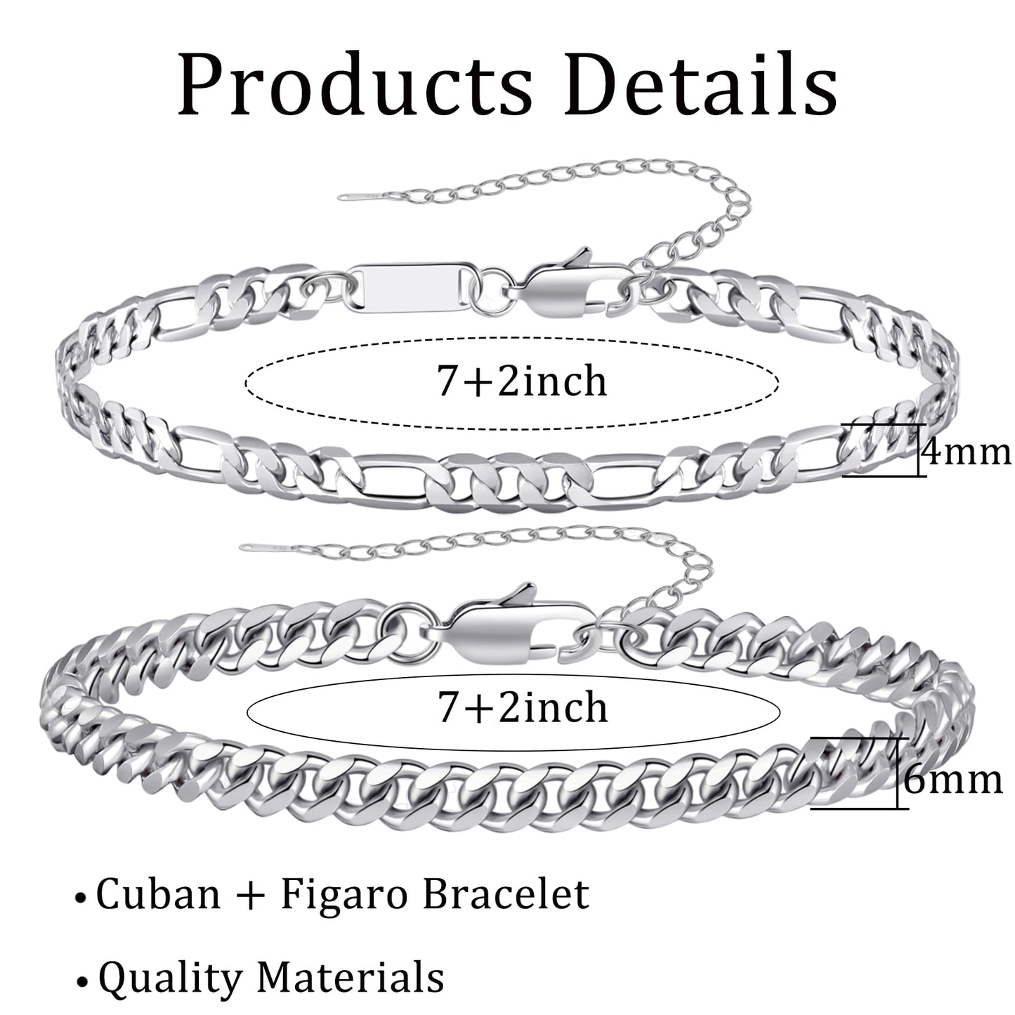 RANKEEF 2 Pcs Chain Bracelet for Men - 925 Sterling Silver Bracelet for Men 7-9inch Figaro Rope Cuban Link Bracelet Set for Men Gifts to Men Dad Husband Boyfriend