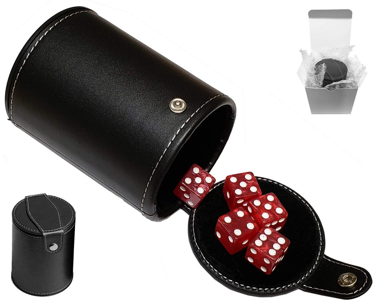 Cyber-Deals Set of 16mm Marbleized Dice and Black PU Leather, Velvet Lined Dice Cup with Storage Compartment (Gift Boxed) (Pearl Dice, Black Lining Cup)