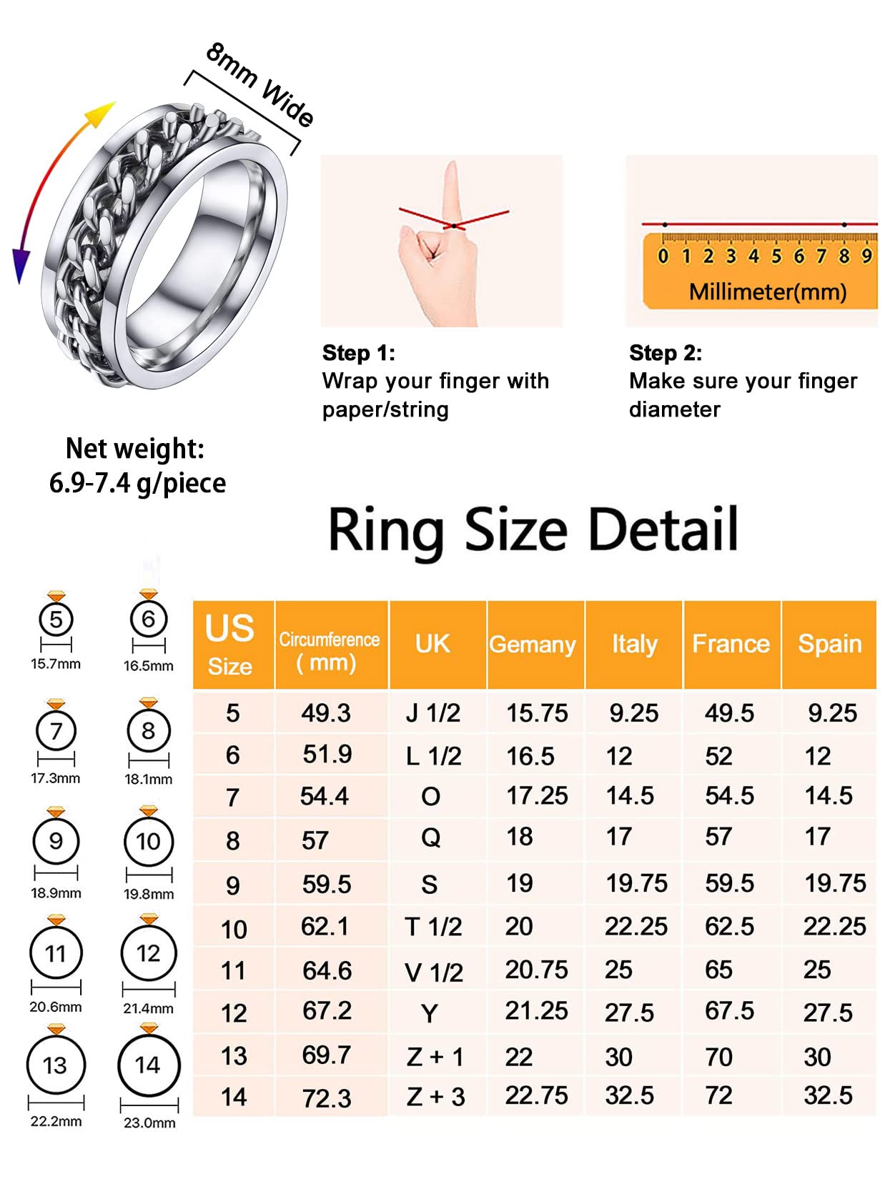 U7 Mens Women Stainless Steel 7mm Wide Band Ring, Hip Hop Thumb Rings Fashion Cuban Link Chain Rings, Size #6-#14 -Color Silver,Black,Gold