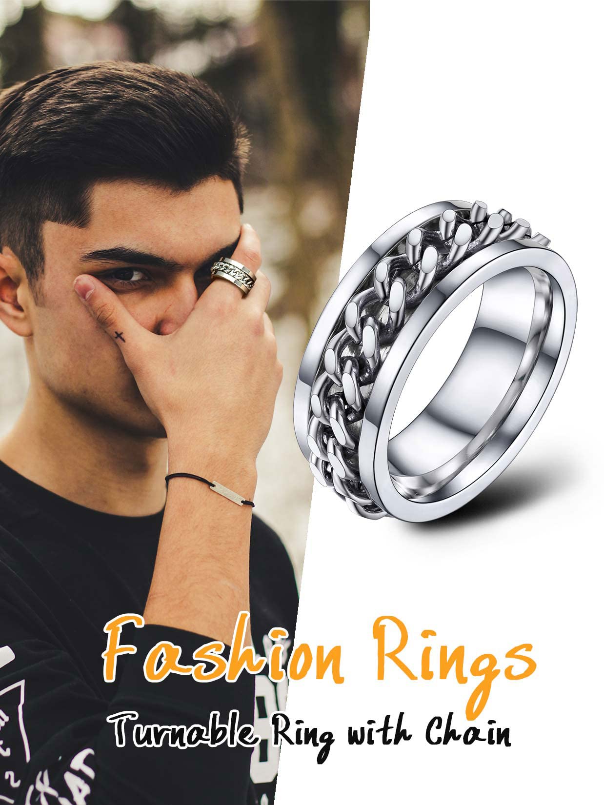 U7 Mens Women Stainless Steel 7mm Wide Band Ring, Hip Hop Thumb Rings Fashion Cuban Link Chain Rings, Size #6-#14 -Color Silver,Black,Gold