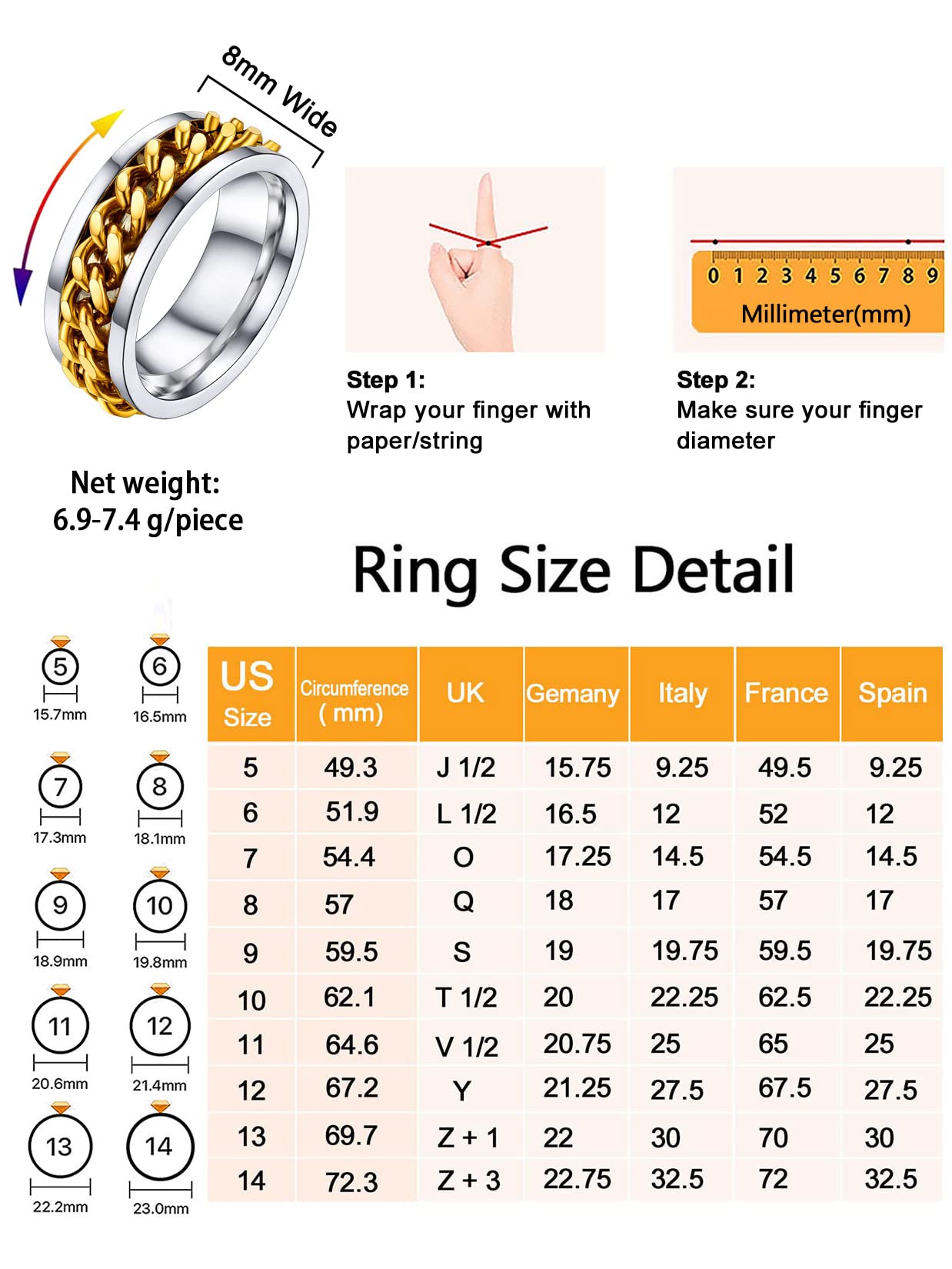 U7 Mens Women Stainless Steel 7mm Wide Band Ring, Hip Hop Thumb Rings Fashion Cuban Link Chain Rings, Size #6-#14 -Color Silver,Black,Gold