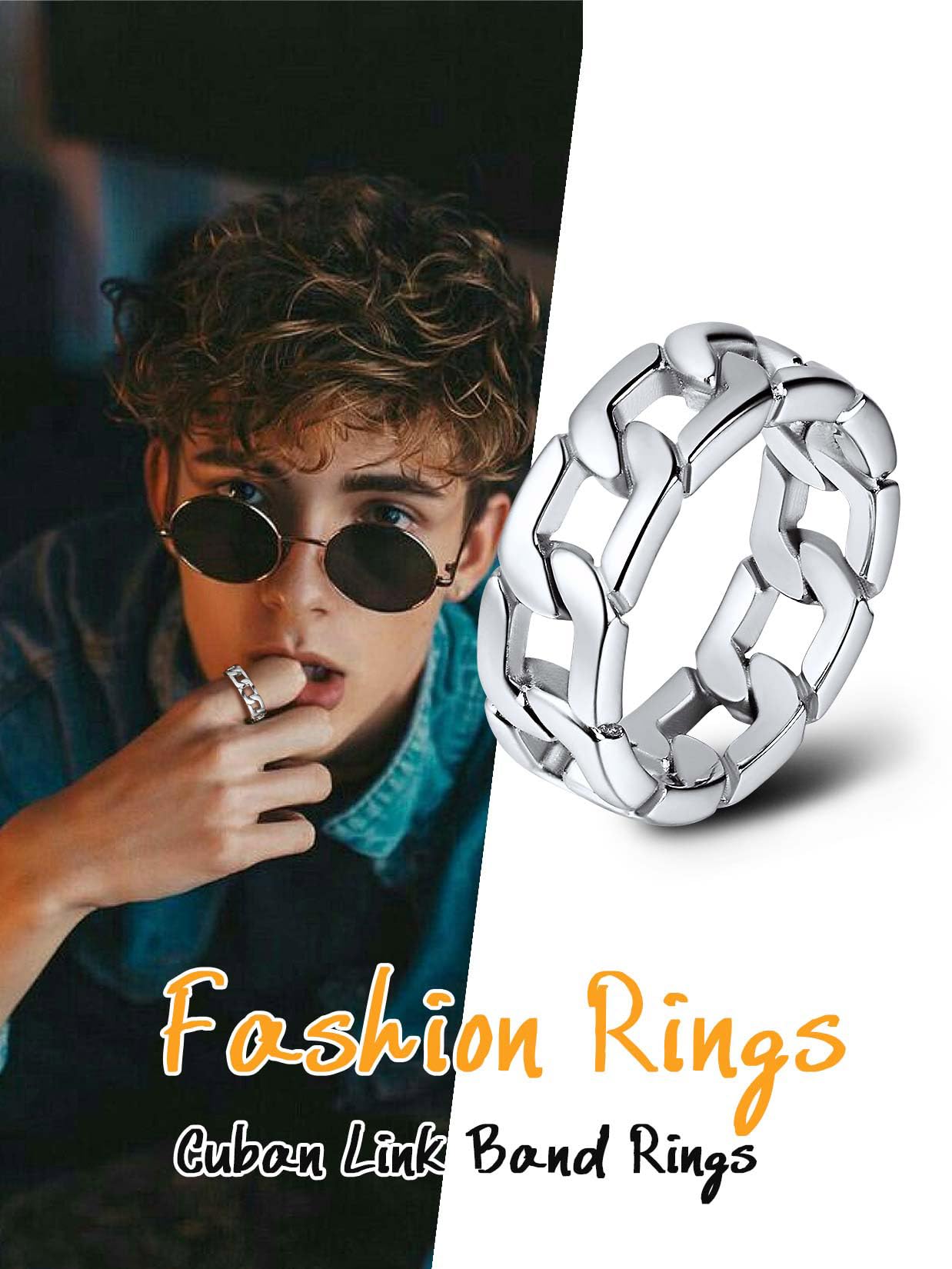 U7 Mens Women Stainless Steel 7mm Wide Band Ring, Hip Hop Thumb Rings Fashion Cuban Link Chain Rings, Size #6-#14 -Color Silver,Black,Gold