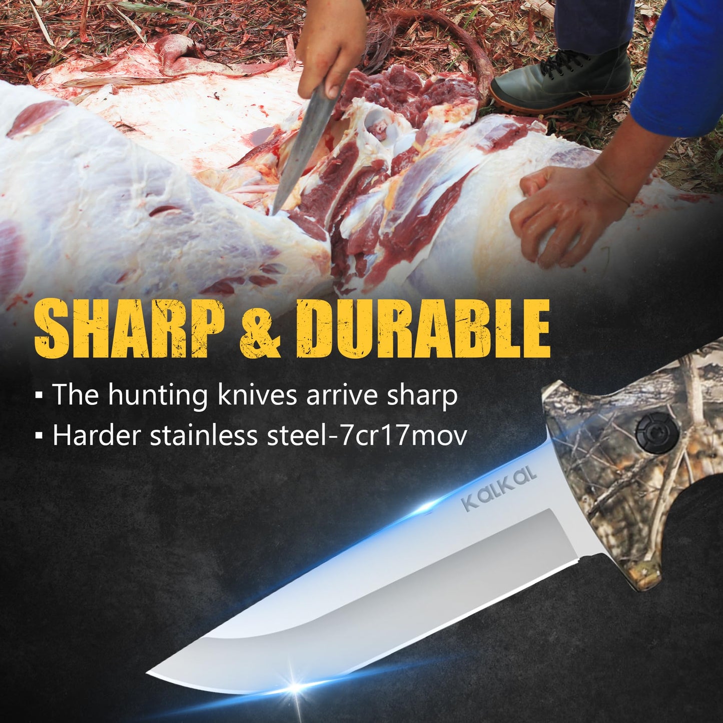 Kalkal 8 Pieces Hunting Knives Sharp Hunting Knife Set, Full Tang Handle Hunting Field Dressing Kit for Deer Hunting Season Camping Survival, Perfect Hunting Gifts for Hunter