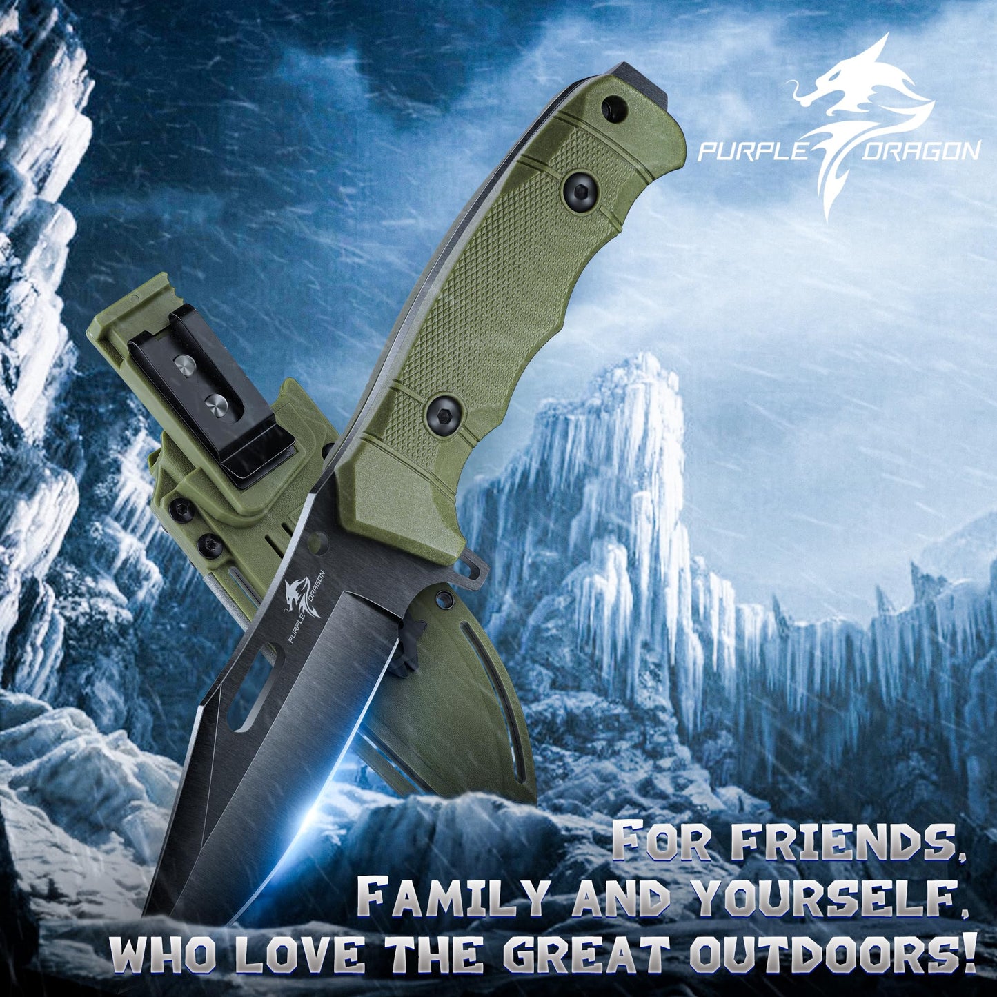 Purple Dragon Khaki Survival Knife with Kydex Sheath, Full Tang Fixed Blade Hunting Knife Made from a Single Piece of D2 Steel, Field Knife for Bushcraft Camping and Hunting, Gifts for Men