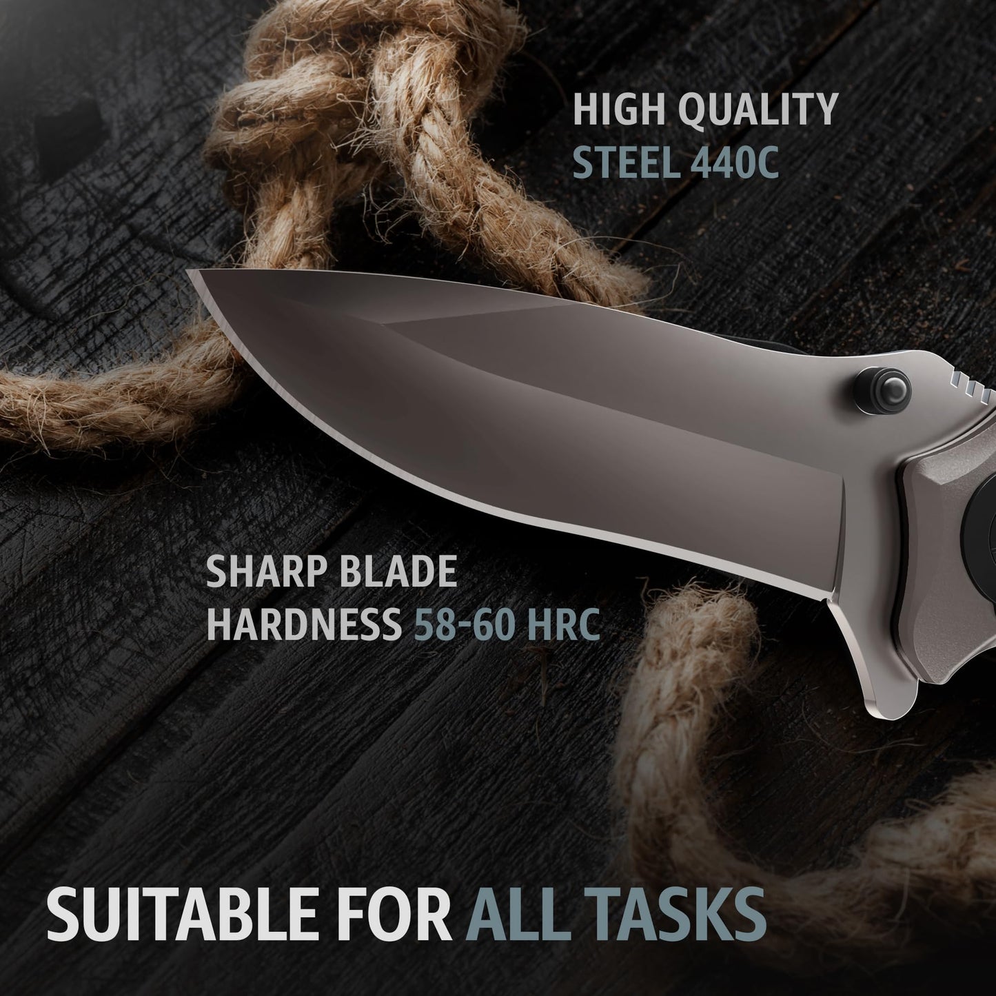 Grand Way Tactical Knife for Men - Black Pocket Knife - Best Spring Assisted Knife with Glass Breaker and Pocket Clip - Cool Folding Knives for Military Work Camping - Birthday Gifts for Dad 6495 B