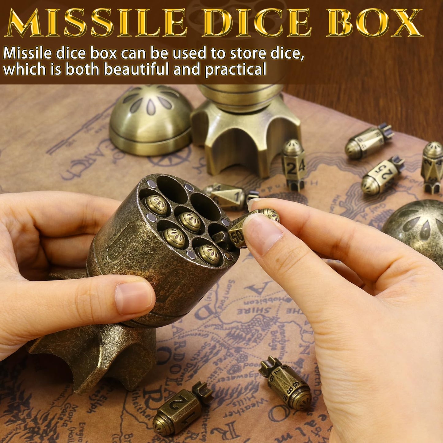 ZHOORQI DND Metal Dice Set with Spinning Missile Dice Container, Bullet Dice Cyberpunk Polyhedral Dice for Warhammer 40K, RPG, D&D Gifts（Retro Bronze）