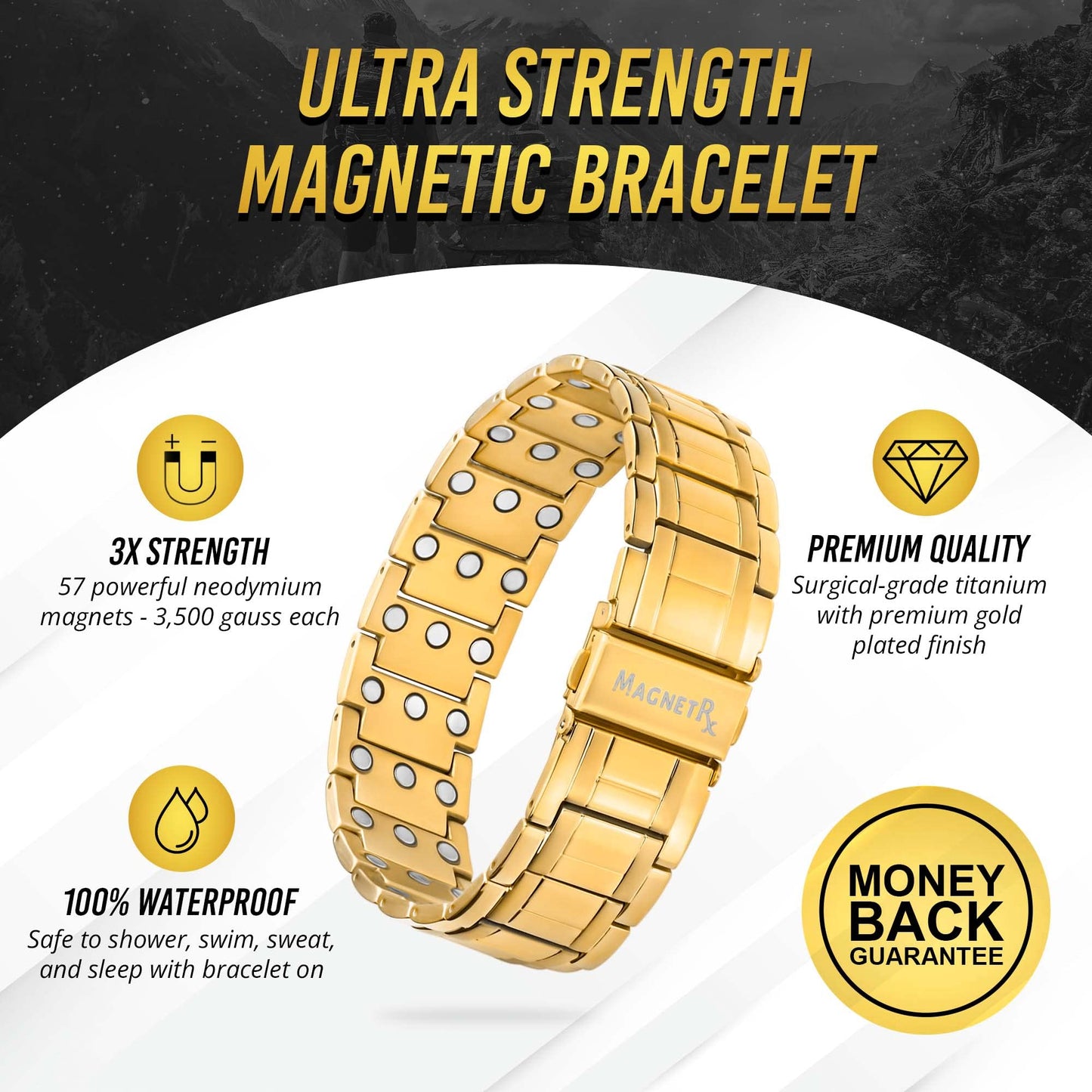 MagnetRX® 3X Strength Magnetic Bracelets for Men – Effective Titanium Mens Magnetic Bracelet – Premium Fold-Over Clasp & Adjustable Length with Sizing Tool & Gift Box (Black)