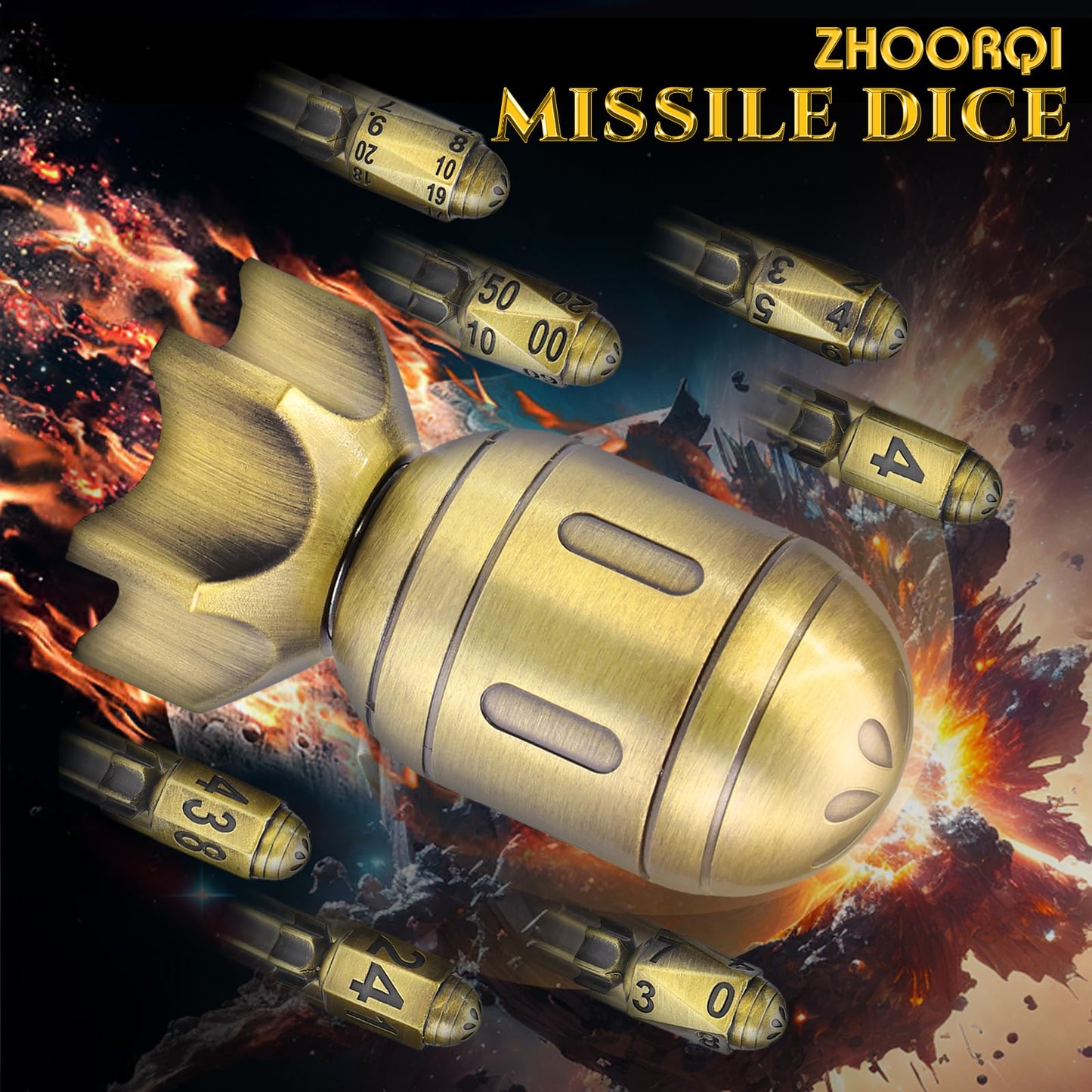 ZHOORQI DND Metal Dice Set with Spinning Missile Dice Container, Bullet Dice Cyberpunk Polyhedral Dice for Warhammer 40K, RPG, D&D Gifts（Retro Bronze）