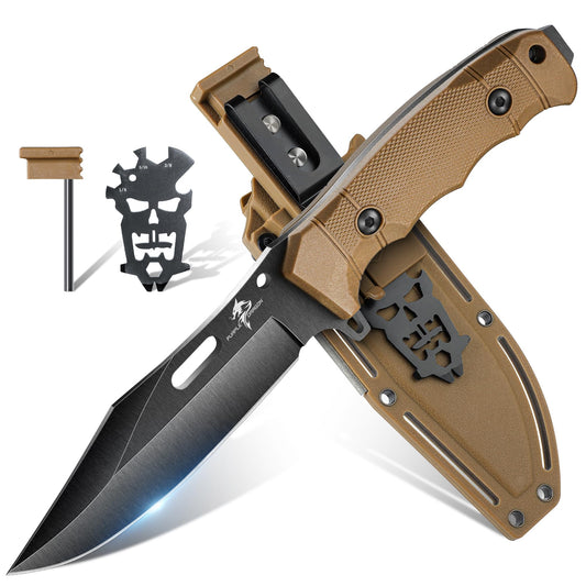 Purple Dragon Khaki Survival Knife with Kydex Sheath, Full Tang Fixed Blade Hunting Knife Made from a Single Piece of D2 Steel, Field Knife for Bushcraft Camping and Hunting, Gifts for Men