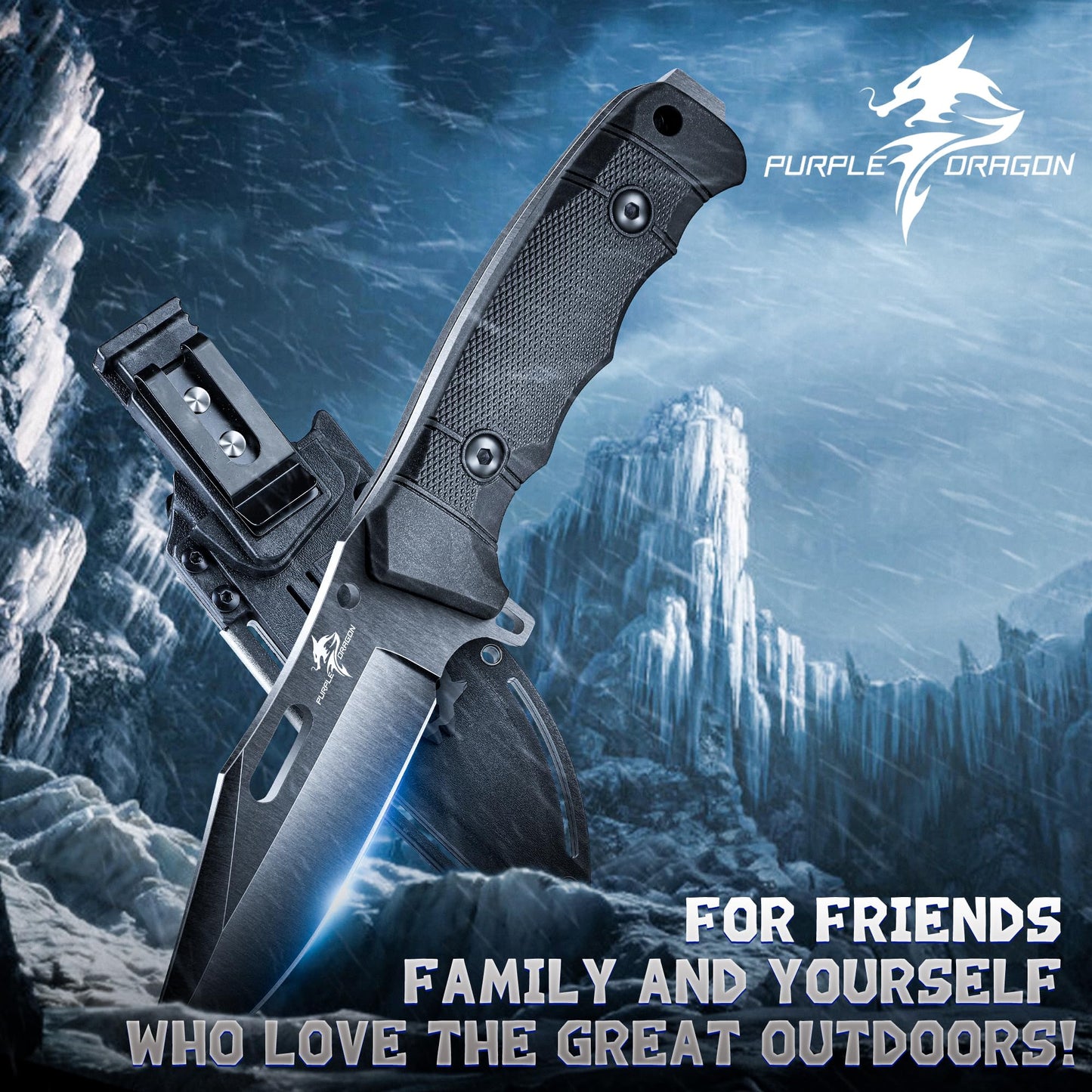Purple Dragon Khaki Survival Knife with Kydex Sheath, Full Tang Fixed Blade Hunting Knife Made from a Single Piece of D2 Steel, Field Knife for Bushcraft Camping and Hunting, Gifts for Men