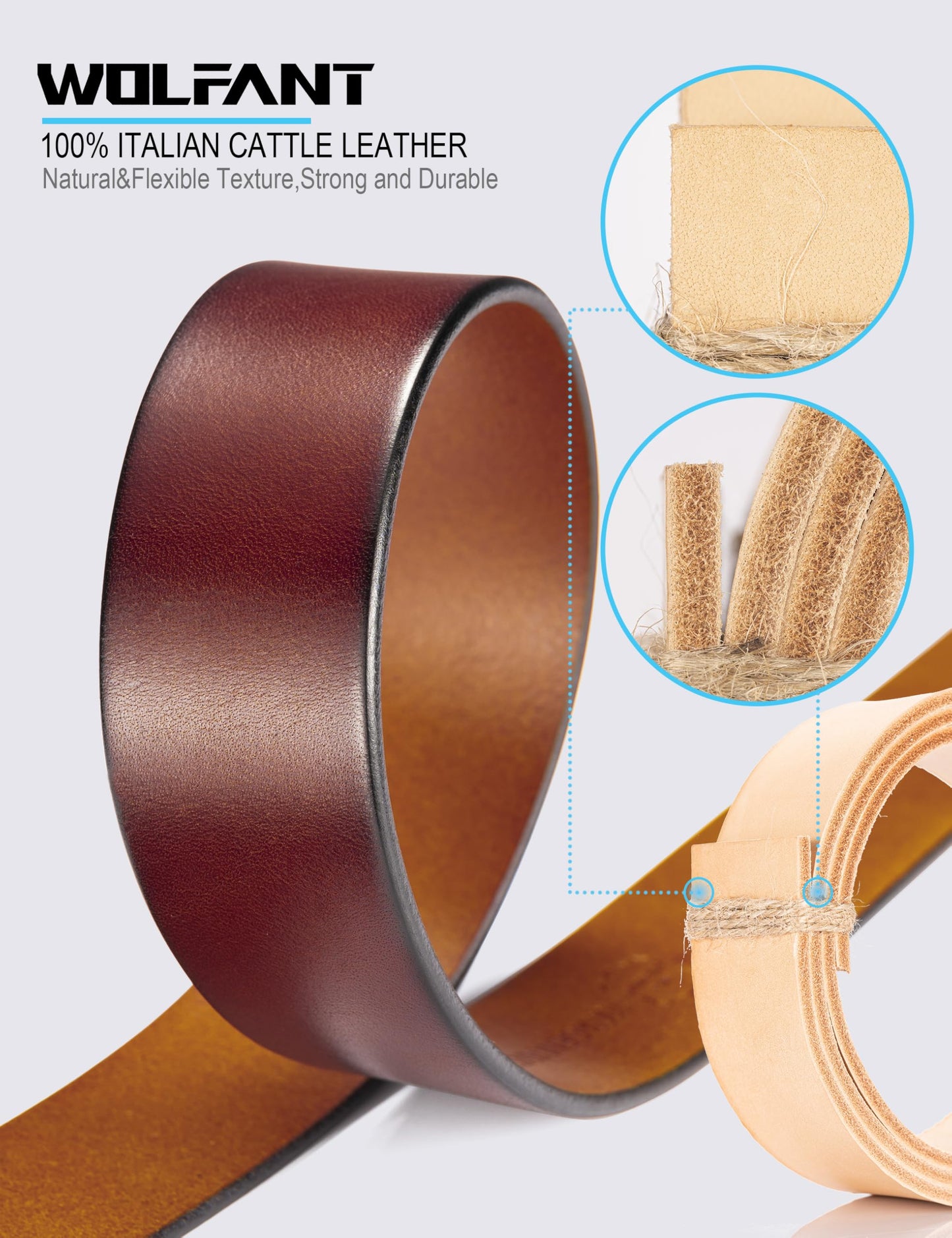 WOLFANT Full Grain Leather Belt,100% Italian Real Solid Leather