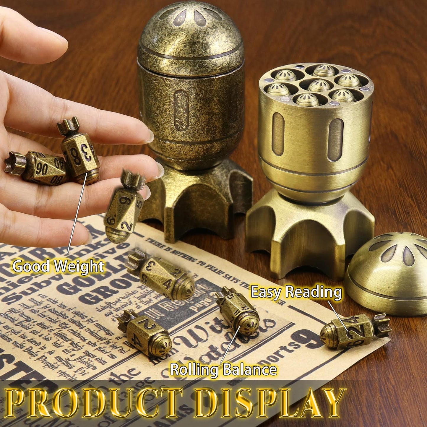 ZHOORQI DND Metal Dice Set with Spinning Missile Dice Container, Bullet Dice Cyberpunk Polyhedral Dice for Warhammer 40K, RPG, D&D Gifts（Retro Bronze）