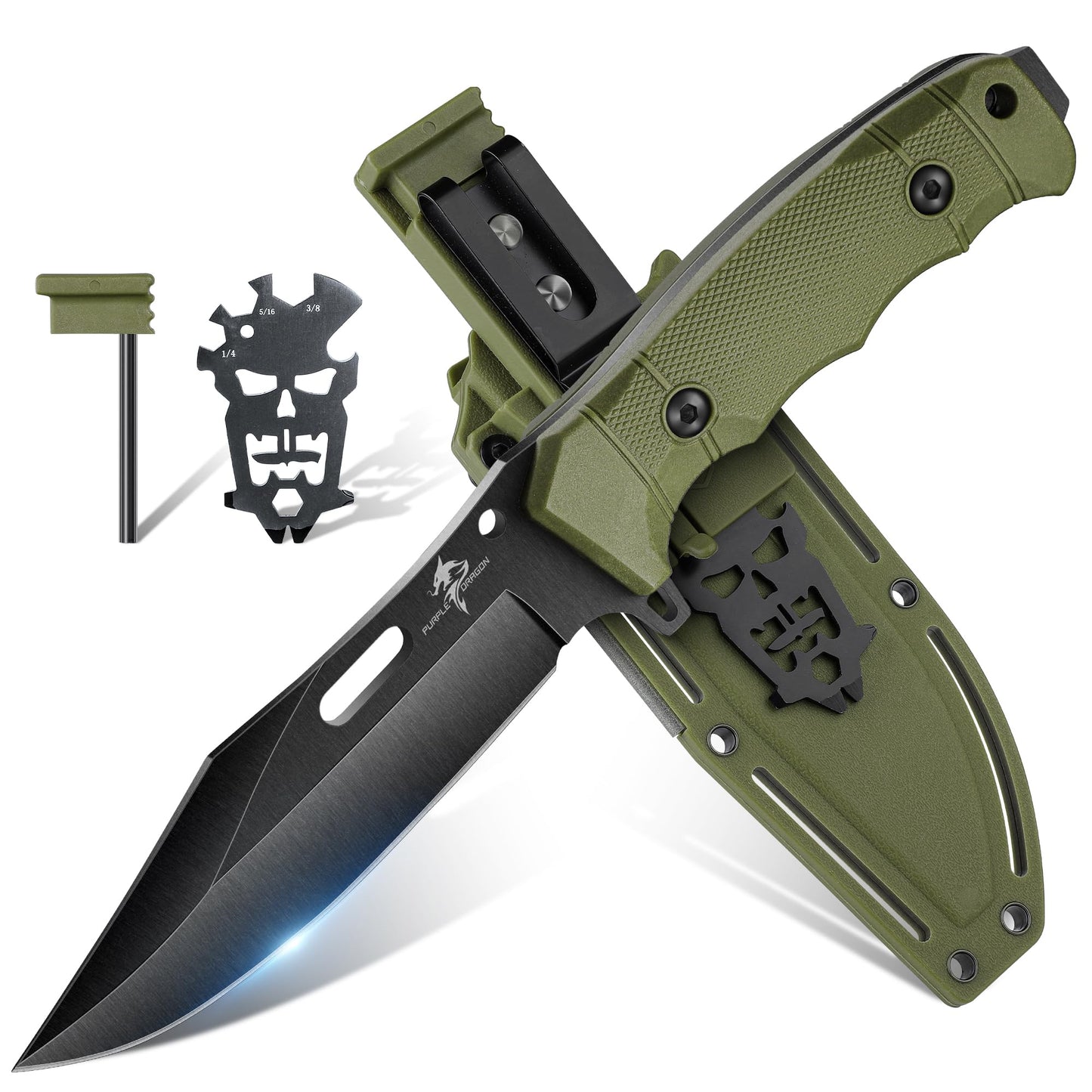 Purple Dragon Khaki Survival Knife with Kydex Sheath, Full Tang Fixed Blade Hunting Knife Made from a Single Piece of D2 Steel, Field Knife for Bushcraft Camping and Hunting, Gifts for Men