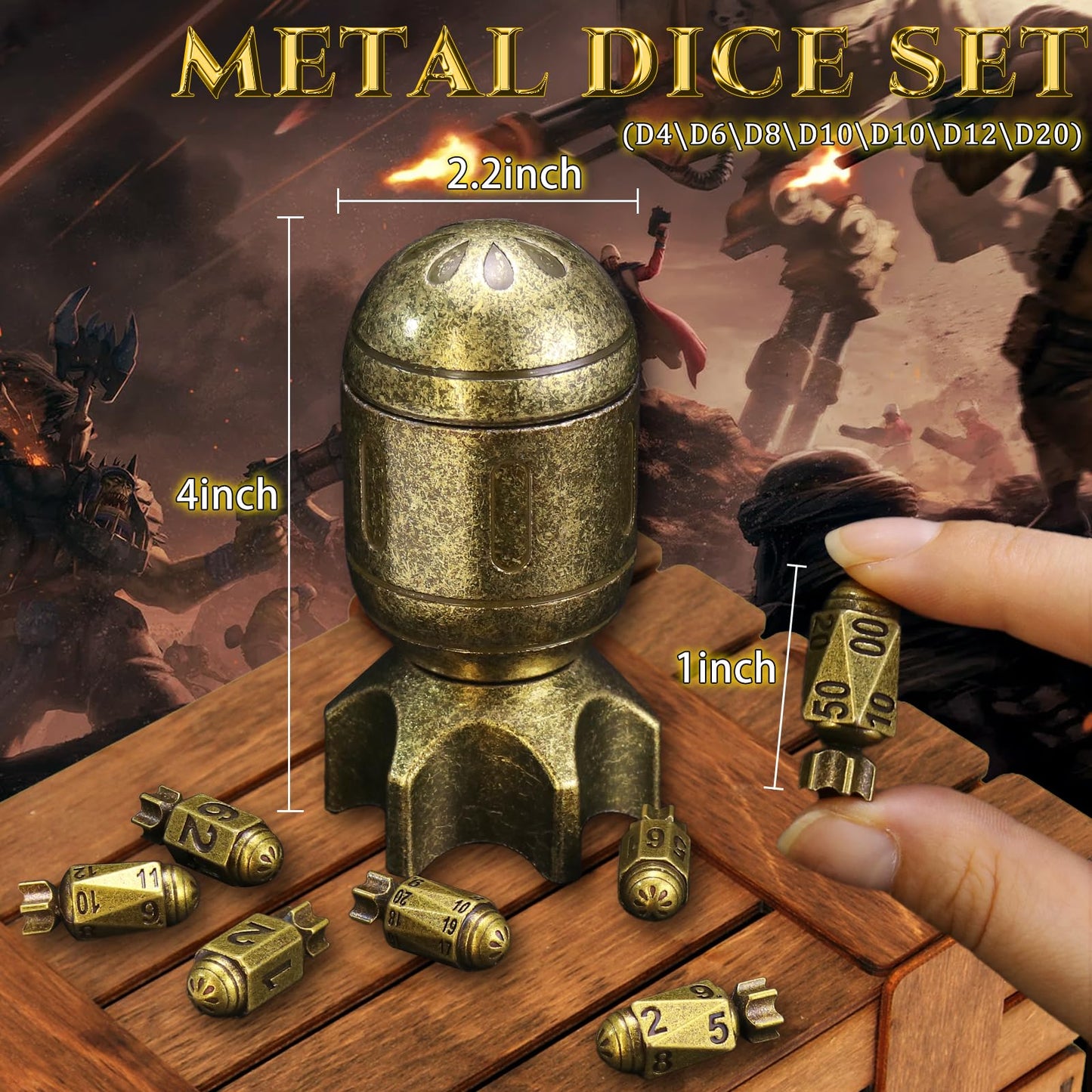 ZHOORQI DND Metal Dice Set with Spinning Missile Dice Container, Bullet Dice Cyberpunk Polyhedral Dice for Warhammer 40K, RPG, D&D Gifts（Retro Bronze）