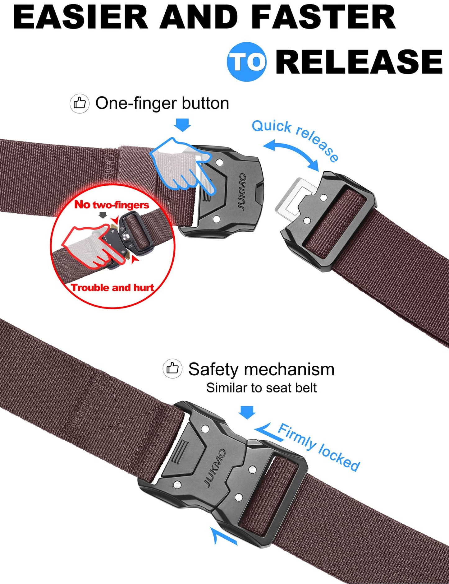 JUKMO Quick Release Tactical Belt, Military Work 1.5" Nylon Web Hiking Belt with Heavy Duty Seatbelt Buckle