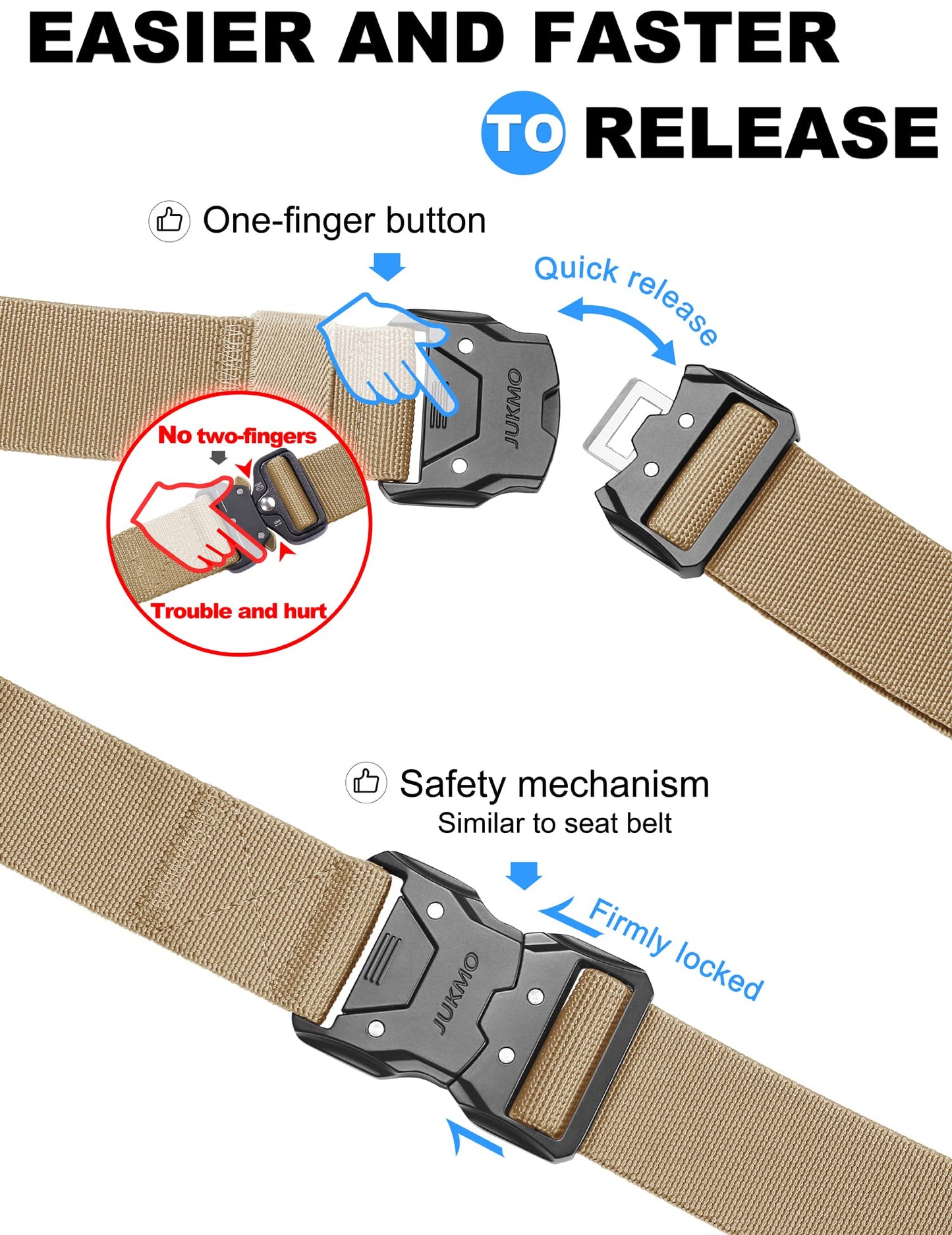 JUKMO Quick Release Tactical Belt, Military Work 1.5" Nylon Web Hiking Belt with Heavy Duty Seatbelt Buckle