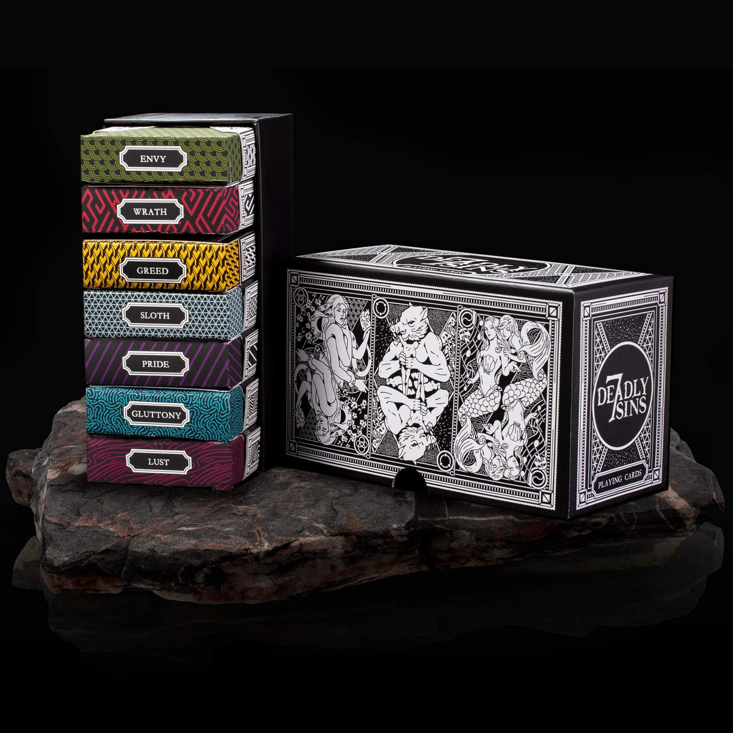 7 Deadly Sins Playing Cards - Seven Premium Themed Decks - Dante's Inferno, The Divine Comedy - Unique, Hand-Illustrated, 300gsm Black Core Stock, Poker Size, Standard Index - Party Games & Cardistry