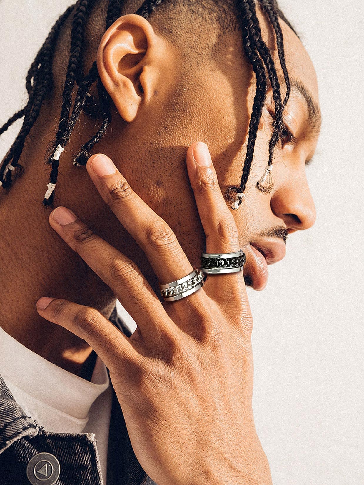 U7 Mens Women Stainless Steel 7mm Wide Band Ring, Hip Hop Thumb Rings Fashion Cuban Link Chain Rings, Size #6-#14 -Color Silver,Black,Gold