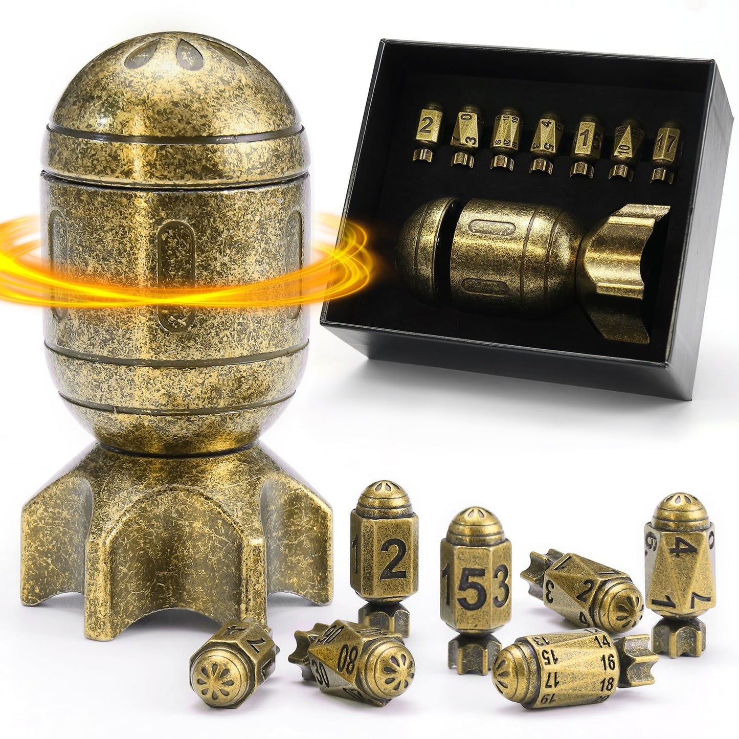 ZHOORQI DND Metal Dice Set with Spinning Missile Dice Container, Bullet Dice Cyberpunk Polyhedral Dice for Warhammer 40K, RPG, D&D Gifts（Retro Bronze）
