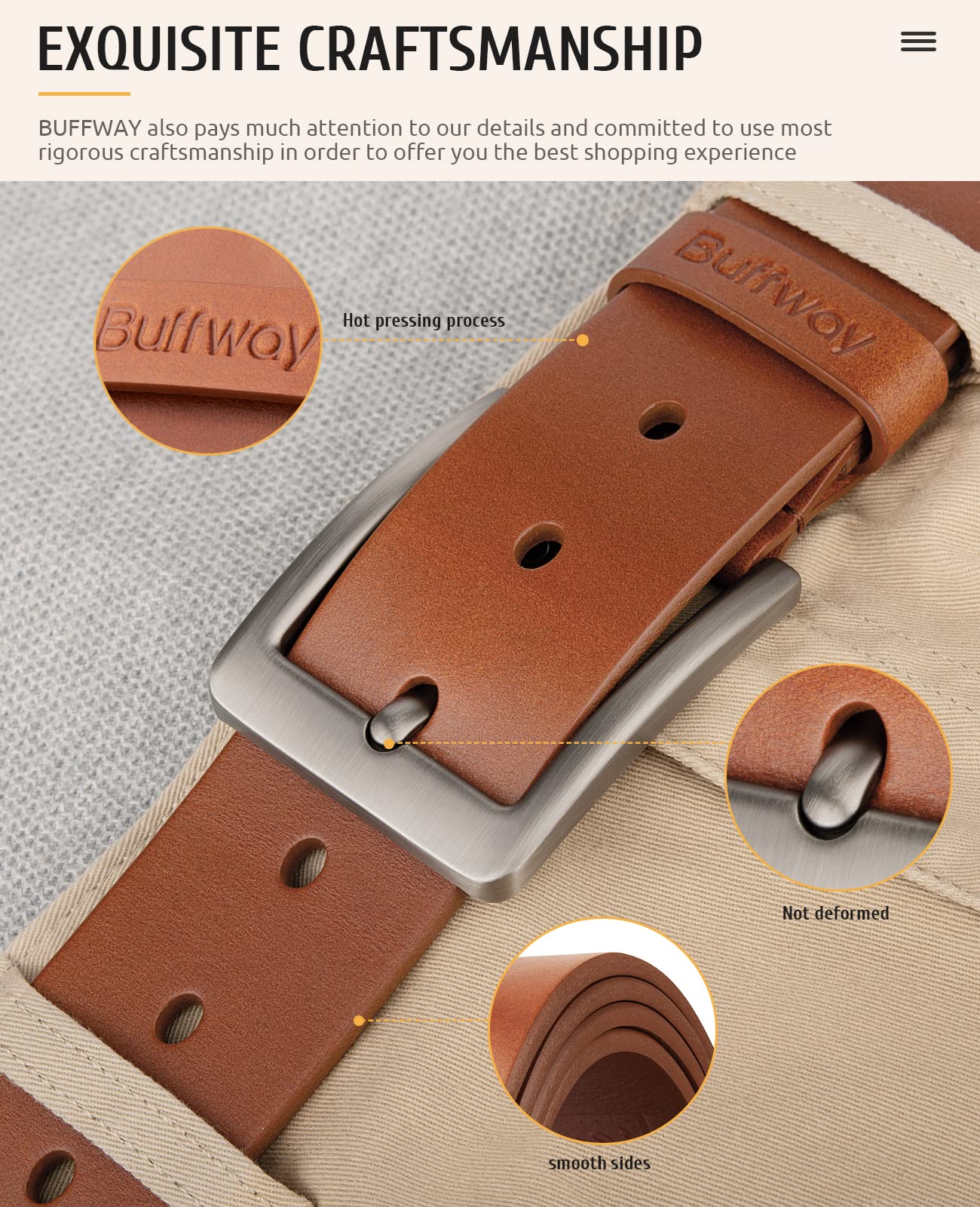 Buffway Minimalist 1.5" Full Grain Leather Belts for Men with Metal Buckle, Heavy Duty Mens Casual Belts in Gift Box