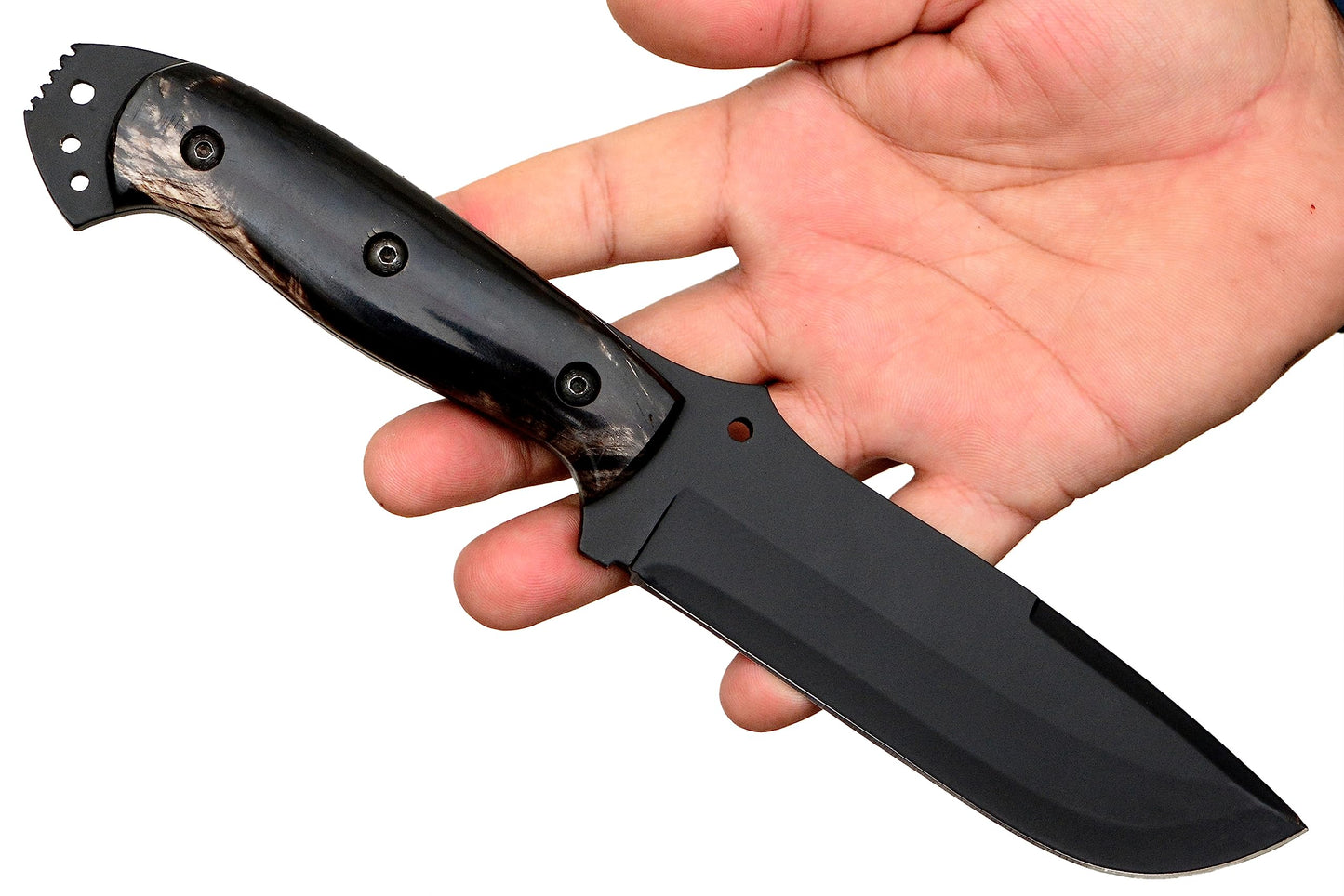 Ottoza Hunting Knife with Sheath - Cow Horn Handle, 1095 High Carbon Steel Knife, Outdoor Knife Survival Knife Camping Knife Bushcraft Knife Tactical Knife, Horizontal Carry Knife Fixed Blade 338