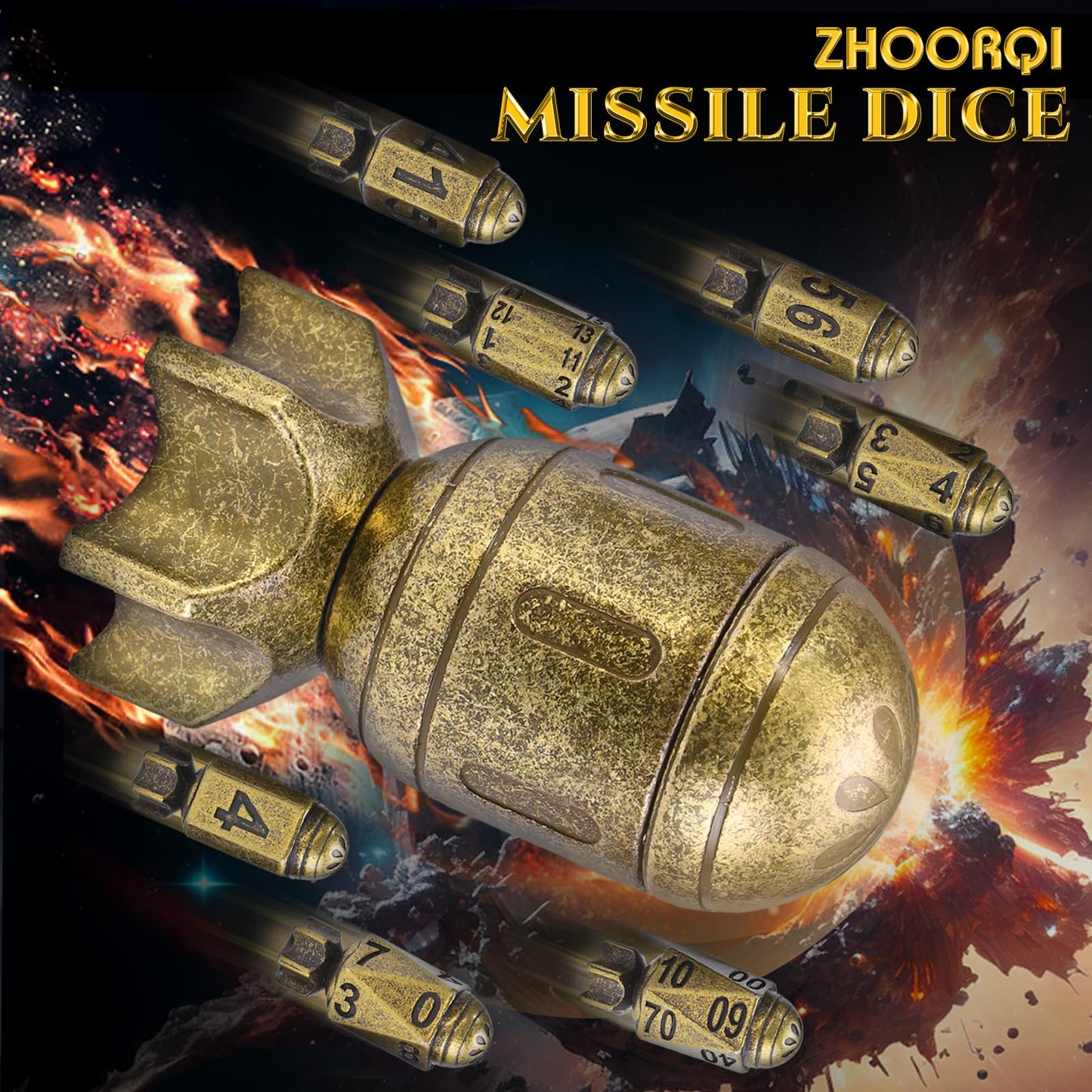 ZHOORQI DND Metal Dice Set with Spinning Missile Dice Container, Bullet Dice Cyberpunk Polyhedral Dice for Warhammer 40K, RPG, D&D Gifts（Retro Bronze）