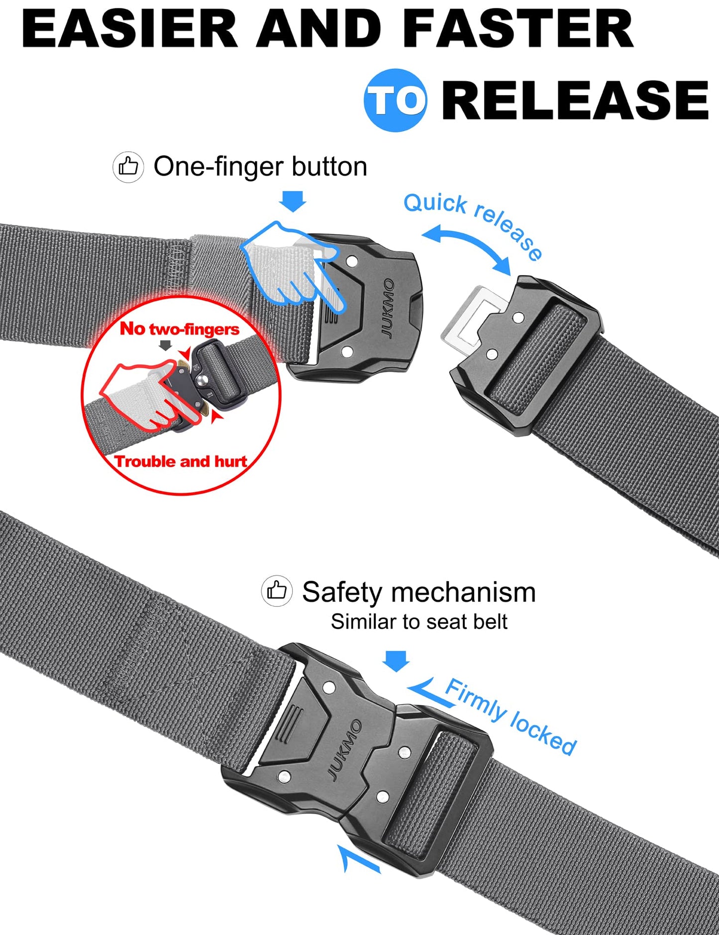 JUKMO Quick Release Tactical Belt, Military Work 1.5" Nylon Web Hiking Belt with Heavy Duty Seatbelt Buckle