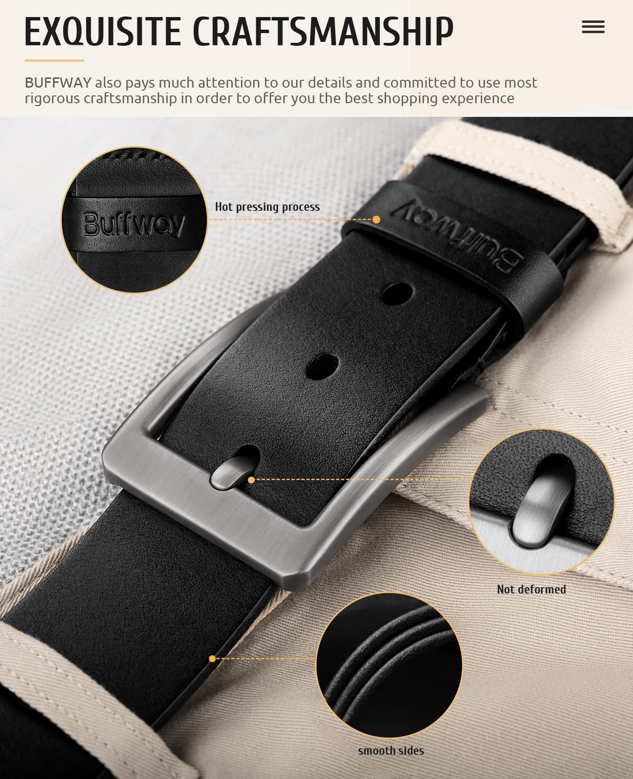 Buffway Minimalist 1.5" Full Grain Leather Belts for Men with Metal Buckle, Heavy Duty Mens Casual Belts in Gift Box