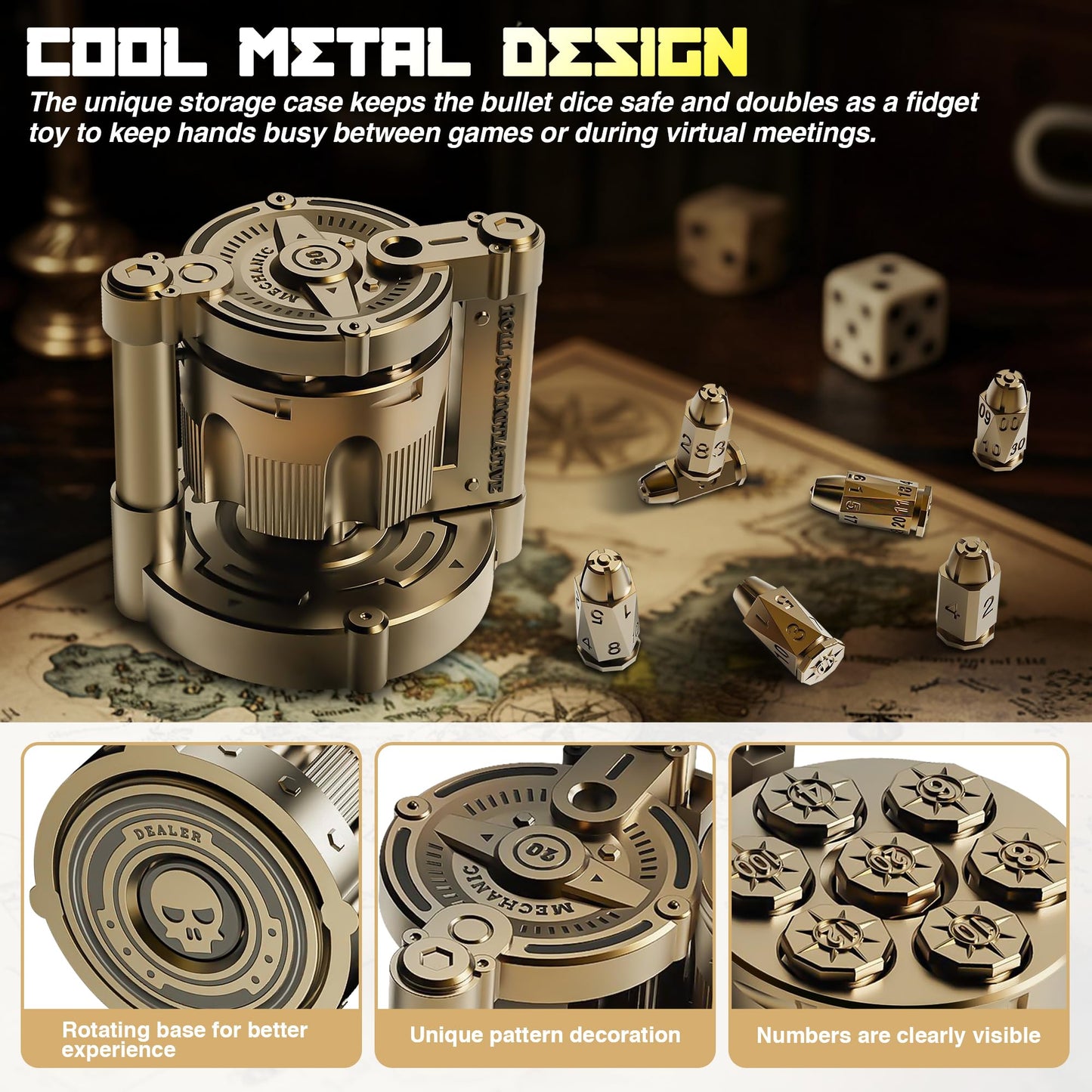 Metal Dice Set for DND with Spinning Revolver Cylinder Container, Polyhedral Bullet Dice Set of 7, Cyberpunk Style Dice for D&D, Warhammer 40K, Sci-Fi, War, or Crime Theme Tabletop Games