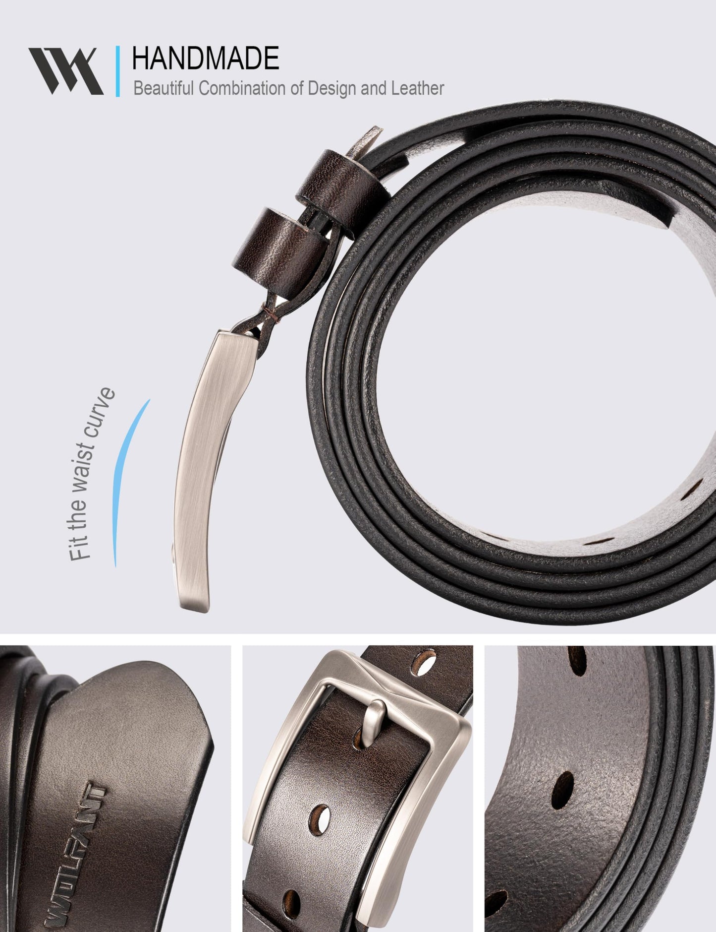 WOLFANT Full Grain Leather Belt,100% Italian Real Solid Leather