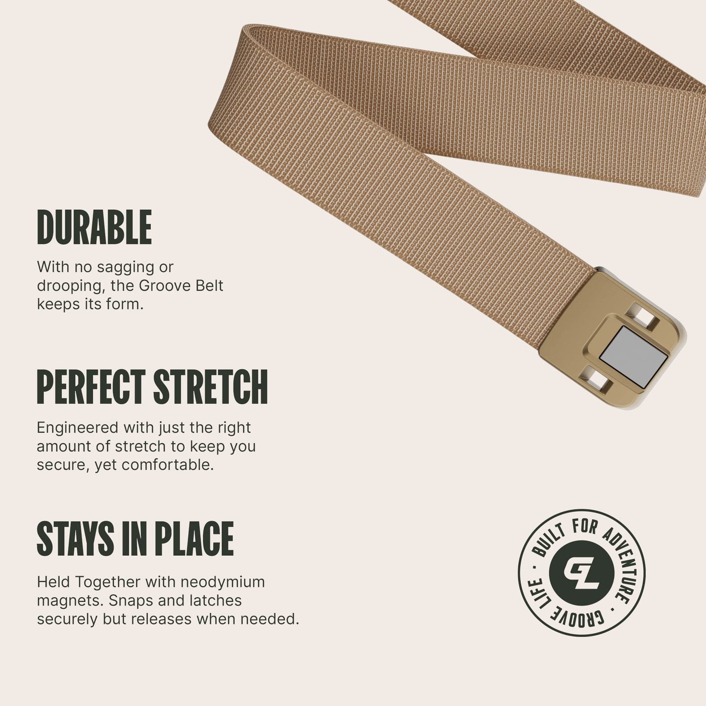 Groove Life Groove Belt Low Profile - Men's Stretch Nylon Belt with Magnetic Aluminum Buckle, Lifetime Coverage