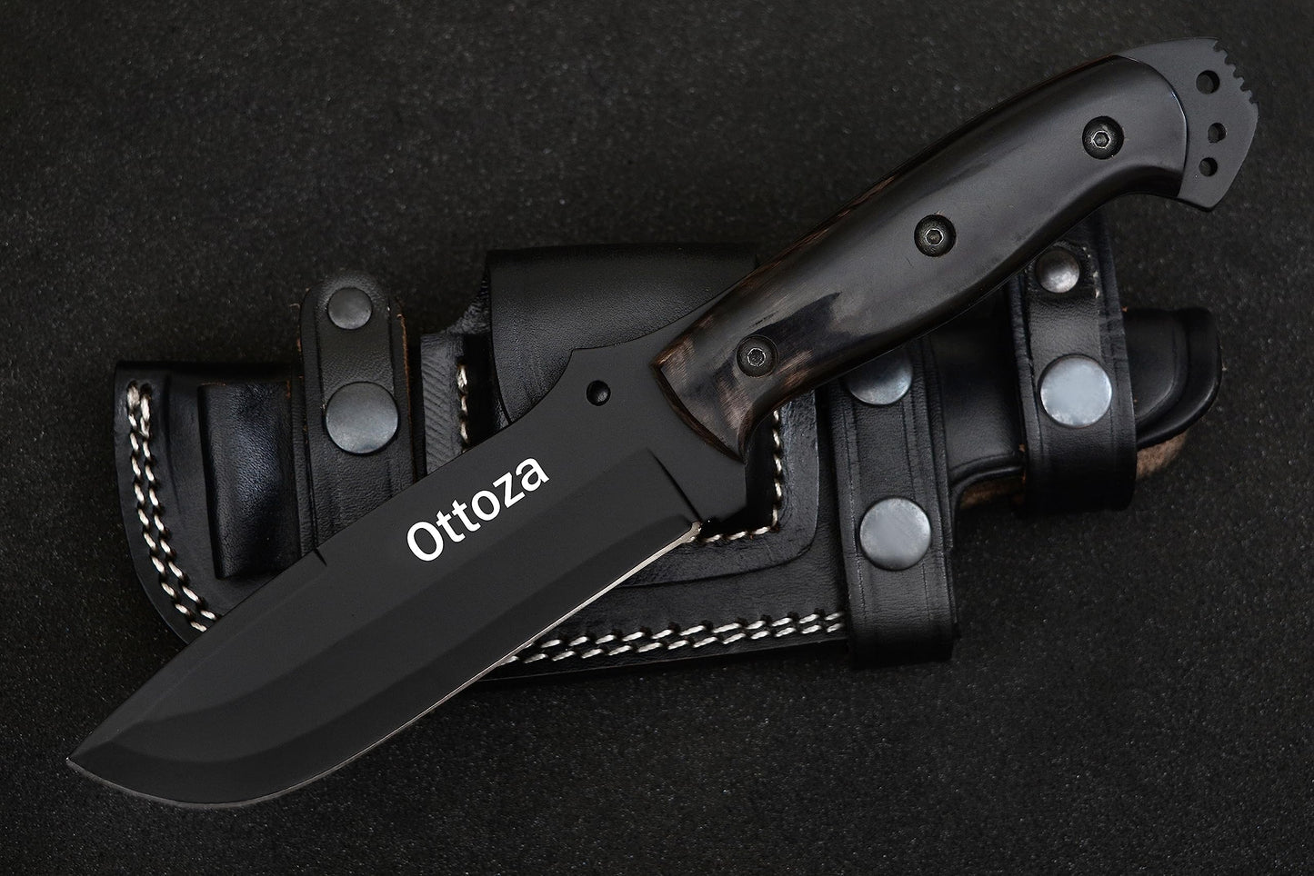 Ottoza Hunting Knife with Sheath - Cow Horn Handle, 1095 High Carbon Steel Knife, Outdoor Knife Survival Knife Camping Knife Bushcraft Knife Tactical Knife, Horizontal Carry Knife Fixed Blade 338