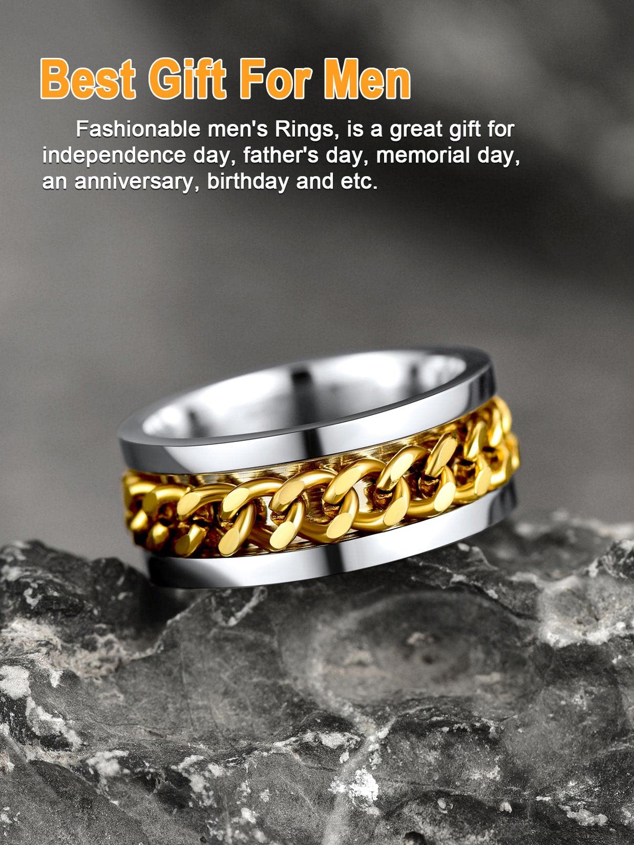 U7 Mens Women Stainless Steel 7mm Wide Band Ring, Hip Hop Thumb Rings Fashion Cuban Link Chain Rings, Size #6-#14 -Color Silver,Black,Gold
