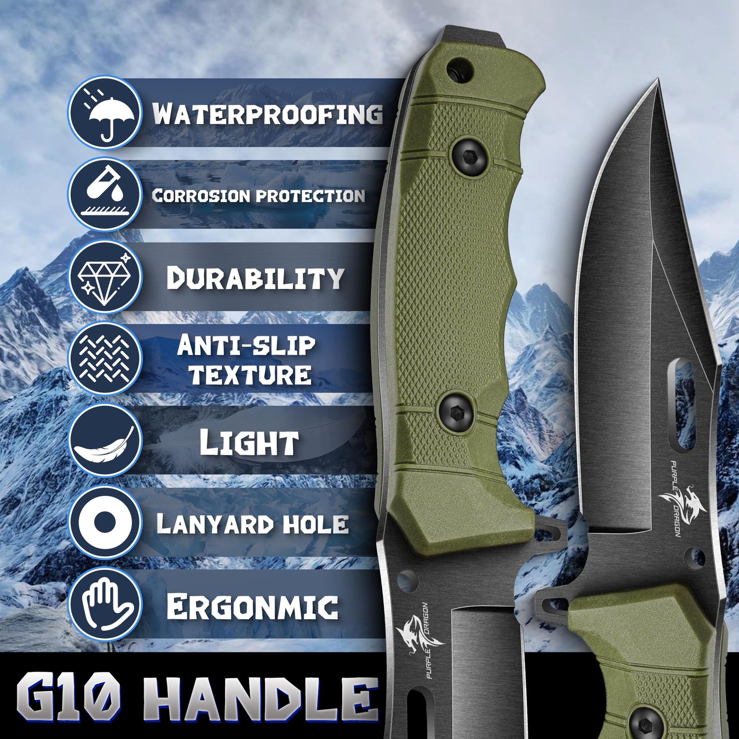 Purple Dragon Khaki Survival Knife with Kydex Sheath, Full Tang Fixed Blade Hunting Knife Made from a Single Piece of D2 Steel, Field Knife for Bushcraft Camping and Hunting, Gifts for Men