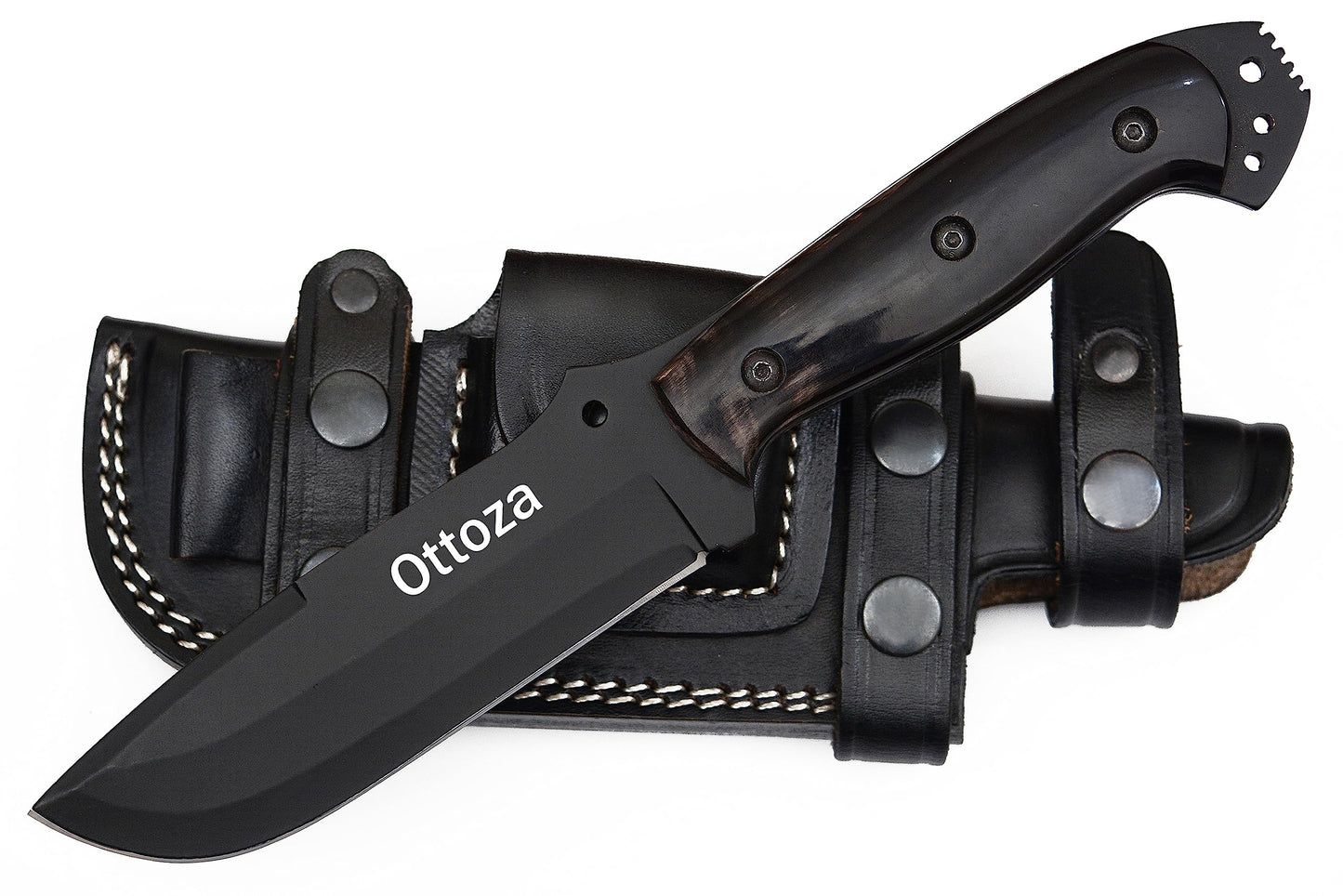Ottoza Hunting Knife with Sheath - Cow Horn Handle, 1095 High Carbon Steel Knife, Outdoor Knife Survival Knife Camping Knife Bushcraft Knife Tactical Knife, Horizontal Carry Knife Fixed Blade 338