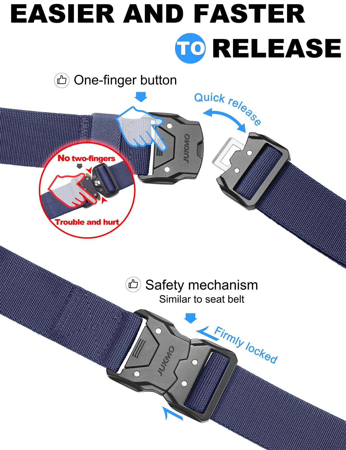 JUKMO Quick Release Tactical Belt, Military Work 1.5" Nylon Web Hiking Belt with Heavy Duty Seatbelt Buckle