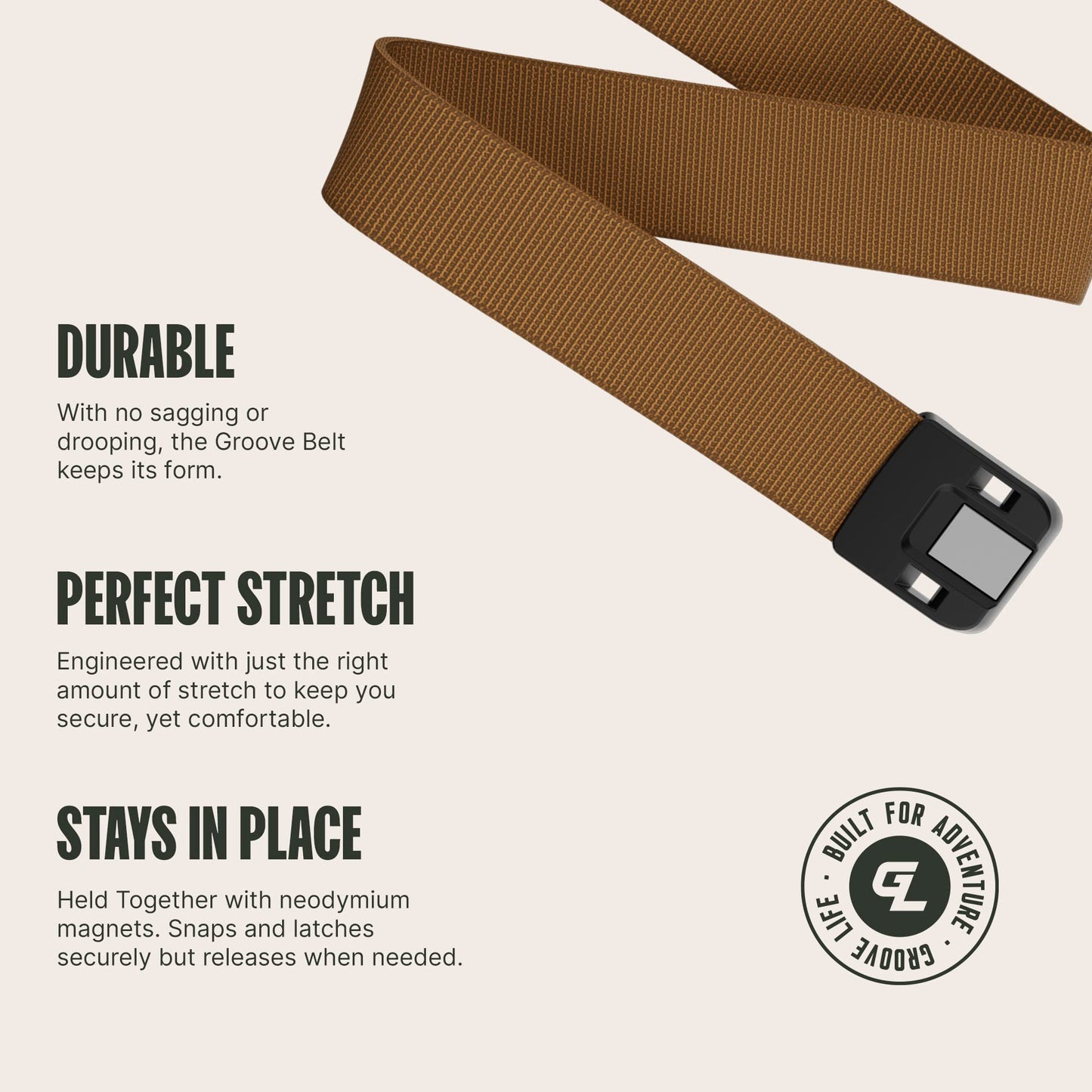 Groove Life Groove Belt Low Profile - Men's Stretch Nylon Belt with Magnetic Aluminum Buckle, Lifetime Coverage