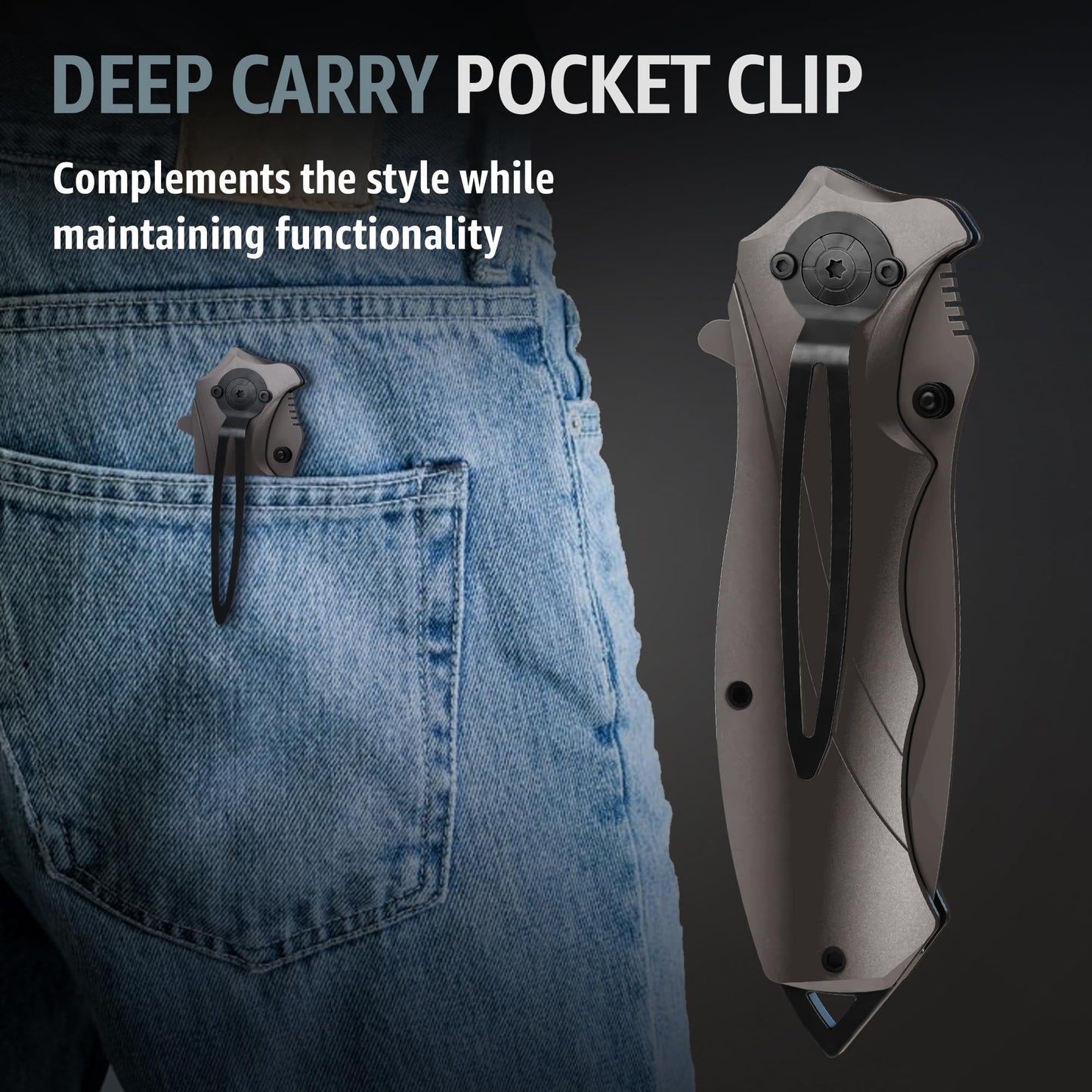 Grand Way Tactical Knife for Men - Black Pocket Knife - Best Spring Assisted Knife with Glass Breaker and Pocket Clip - Cool Folding Knives for Military Work Camping - Birthday Gifts for Dad 6495 B