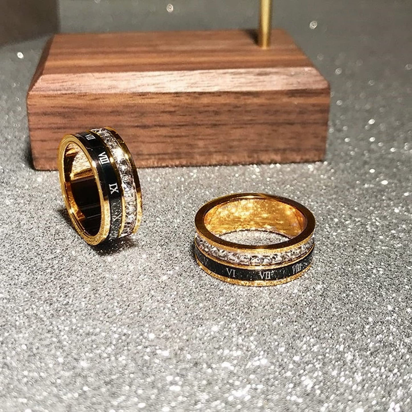 18K Gold Plated Roman Numeral Cubic Zirconia Ring for Women, Square CZ Gold Rings for Men, Spinner Silver Mens Rings Stainless Steel Size 5-13