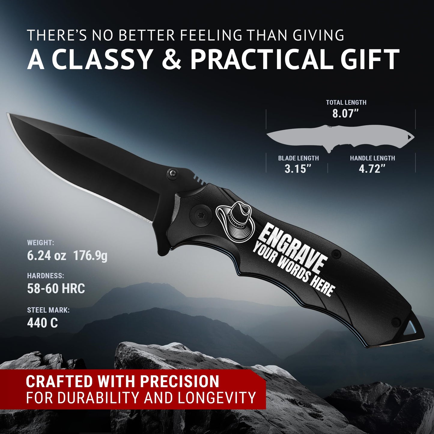 Grand Way Tactical Knife for Men - Black Pocket Knife - Best Spring Assisted Knife with Glass Breaker and Pocket Clip - Cool Folding Knives for Military Work Camping - Birthday Gifts for Dad 6495 B