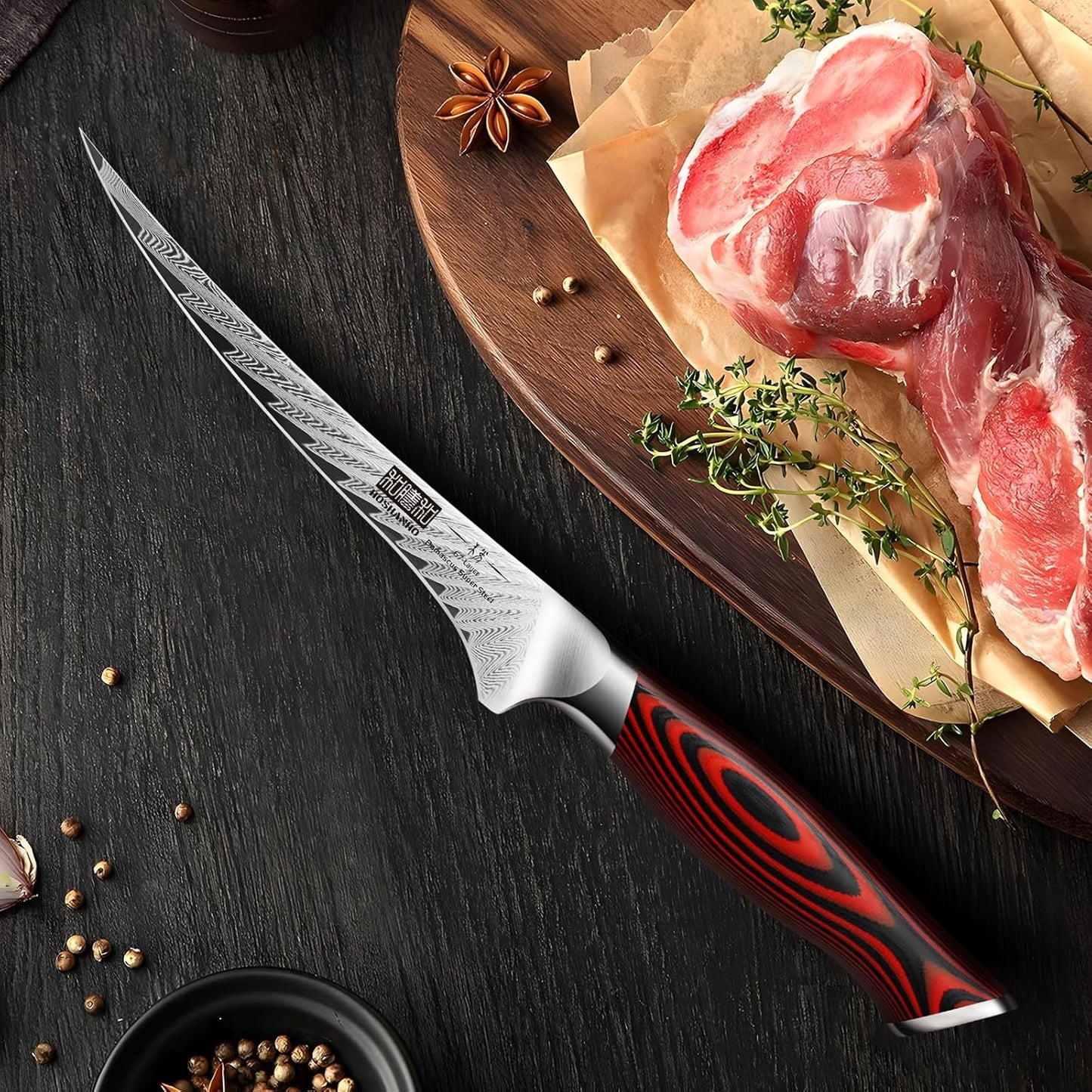 Fillet Knife 7 Inch, Damascus Steel Boning Knife, Professional Fish Fillet Knife for Meat Chicken Cutting, Meat Knife with G10 Ergonomic Handle